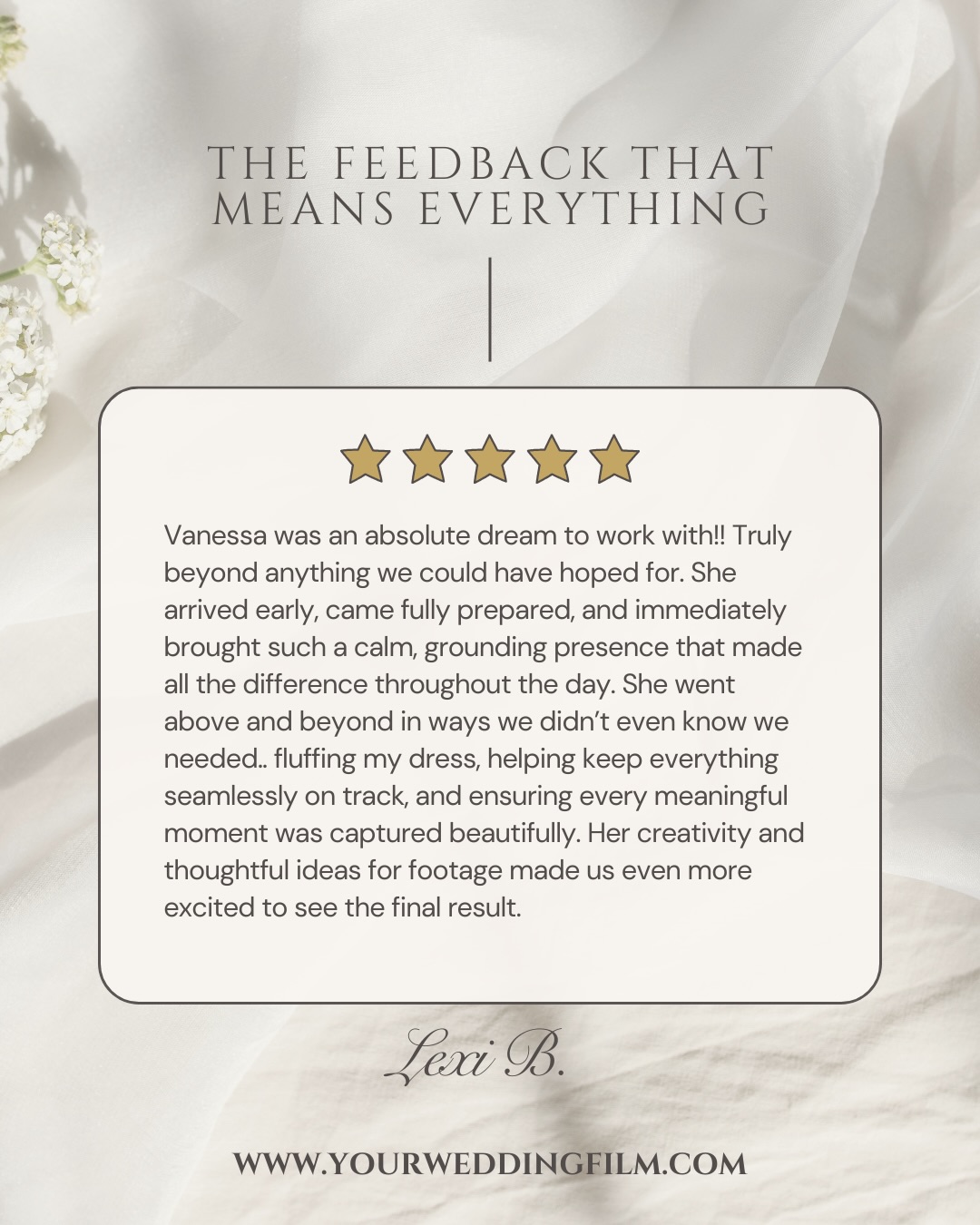 Every time a couple takes a few minutes out of their life to write something like this, we feel it. We started this company because we genuinely believe wedding films matter. Reading words like these reminds us why.
We read every single review the moment it comes in. We save them. We screenshot them. And every once in a while, like today, we share them, because someone out there is trying to decide if a wedding film is worth it.
It is. And these five people will tell you why better than we ever could. We are forever grateful. 🤍