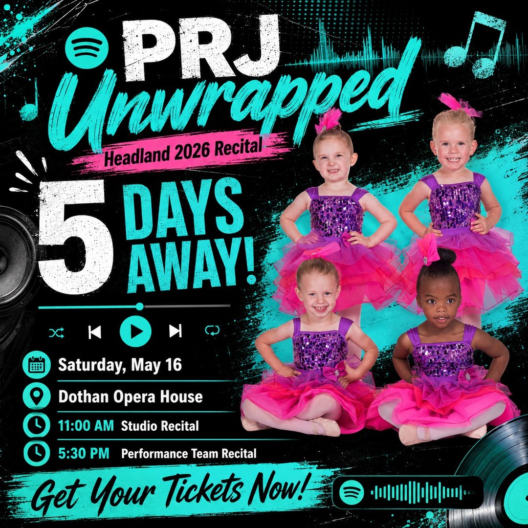 🎶 Headland, we are 5 days away!
The countdown is officially on for **PRJ Unwrapped** at the Dothan Opera House.
Our dancers have been working so hard, and recital day is almost here. We cannot wait to see them step on stage, show off their hard work, and have their big moment under the lights.
PRJ Unwrapped
Saturday, May 16
Dothan Opera House
11:00 AM Studio Recital
Creative Movement, 4-5 Combo, 6-9 Combo, Homeschool Ballet, Intermediate classes, and Advanced classes
Tickets: Clicking our link in our bio!
5:30 PM Performance Team Recital
Headland Performance Team dancers
Tickets: Clicking our link in our bio!
It’s almost time to press play on recital day! 💙