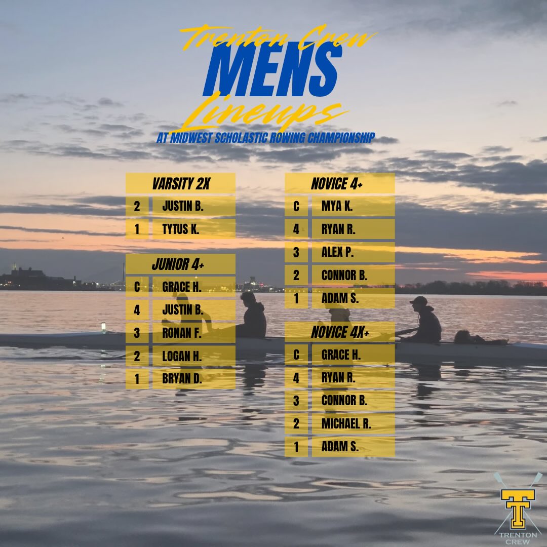 Here are the Trenton Crew’s lineups for this weekend’s Midwest Scholastic Rowing Championship regatta. We are looking forward to some fast and exciting races! 🚣♂️
