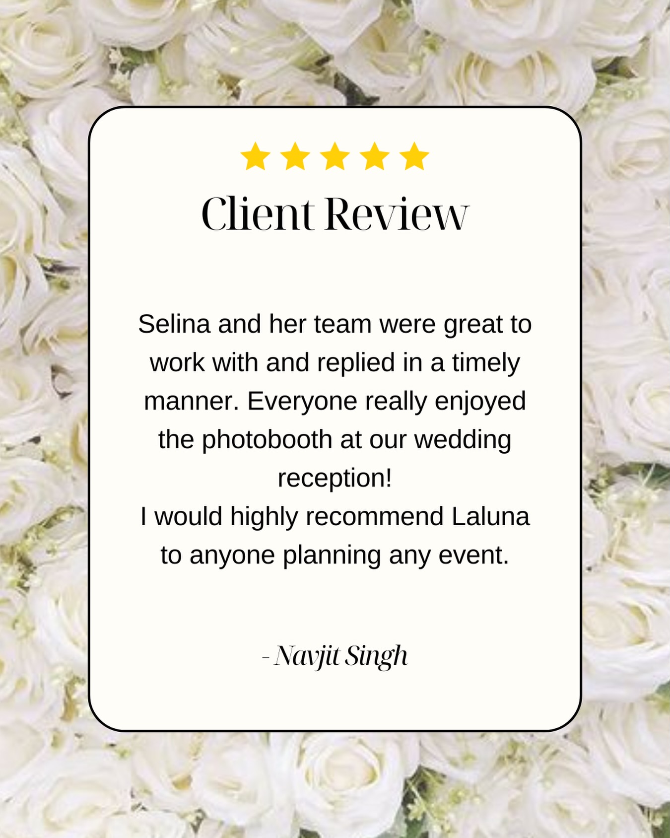 ⭐️ Client Love ⭐️
We love hearing how much guests enjoy the photobooth, it’s exactly why we do what we do. From seamless communication to a packed dance floor moment at the booth, it’s all about creating memories your guests won’t forget.
Thank you Navjit for trusting us to be part of your special day 🤍
Ready to elevate your event? Let’s make it unforgettable 📸
-
#ClientLove #PhotoBoothFun #EventExperience #LalunaPhotoBooths #5starreview