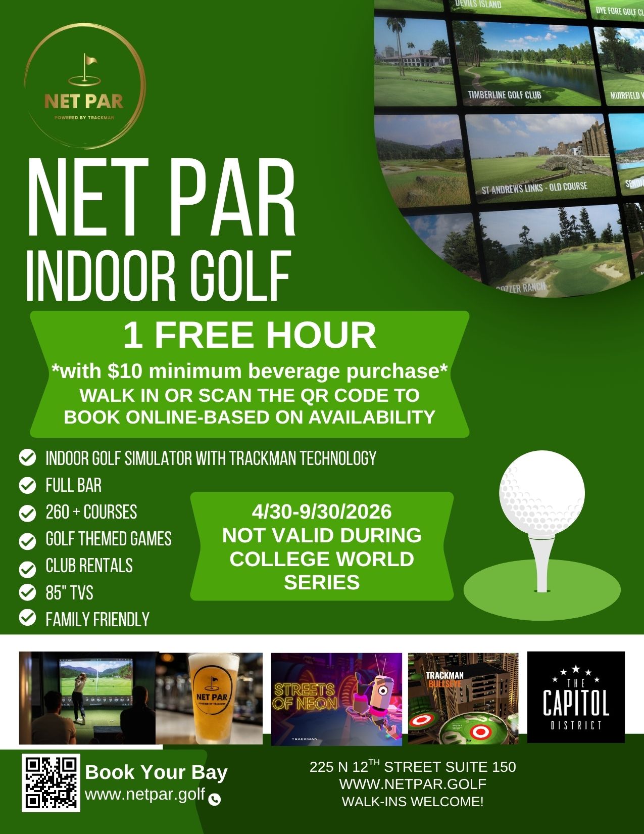 From now until September 30, enjoy one FREE hour of golf simulator time with a $10 beverage minimum at Net Par.
Perfect for those cold and rainy days, time with friends, and every opportunity in between.
Book online or be spontaneous and drop in (based on availability). ๐โณ
@netpar_omaha