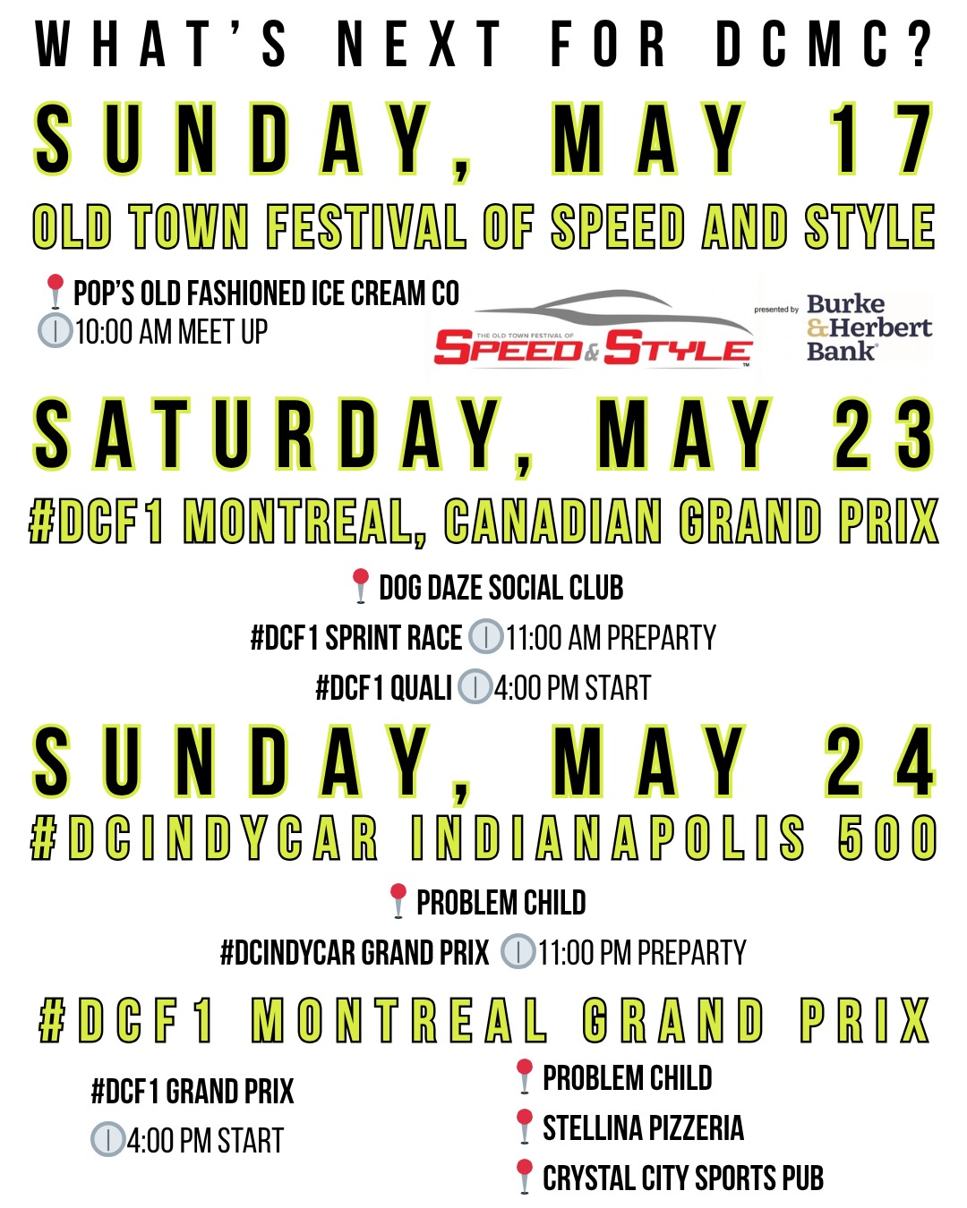 May is stacked 🏁🔥
From vintage icons in Old Town to Monaco season energy, Indy 500 chaos, and a full #DCF1 Montréal Grand Prix weekend. DCMC is booked and busy.
📍 MAY 17 — Old Town Festival of Speed & Style
Meet up at Pop’s Old Fashioned Ice Cream Co at 10:00 AM before walking the festival together.
📍 MAY 23 — #DCF1 Montréal GP Saturday at Dog Daze Social Club
🏁 Sprint Race — 11:00 AM Preparty
🏁 Qualifying — 4:00 PM Start
📍 MAY 24 — #DCINDYCAR Indianapolis 500 at Problem Child
🏁 11:00 AM Preparty
📍 MAY 24 — #DCF1 Montréal Grand Prix
🏁 4:00 PM Start
📍 Problem Child
📍 Stellina Pizzeria
📍 Crystal City Sports Pub
And don’t miss our biggest event of the season:
JUNE 7 — Monaco Grand Prix Rooftop Experience at Casamara.
Tickets are officially live now. Champagne, caviar, Ferrari of Washington, DJs, rooftop energy, and the Monaco Grand Prix in the heart of DC.
Whether you’re here for F1, IndyCar, vintage classics, champagne paddock energy, or just the community, this month is for you.
PLEASE RSVP!! 🏎️💨