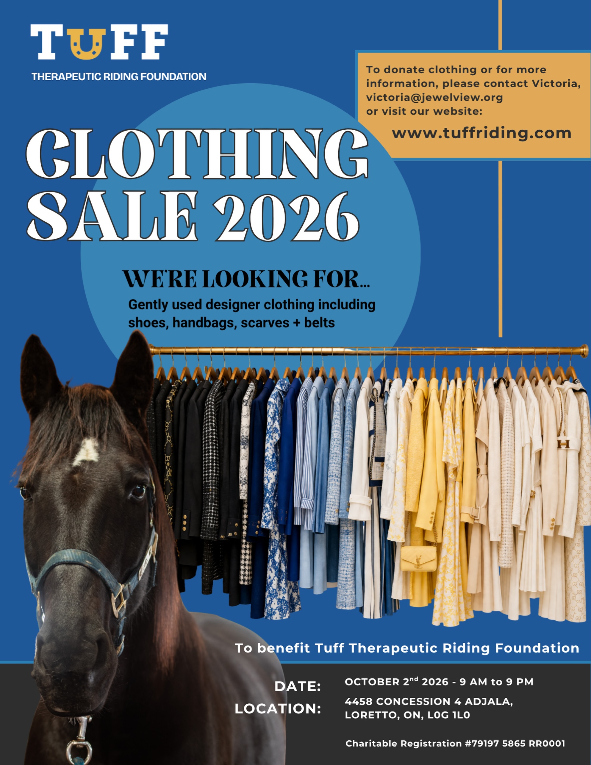 Itβs coming!!!ππΌ The 2026 TUFF Clothing Sale will be taking place on October 2nd (one day only this year!)
Although that might seem far away, we are currently collecting items for donations πππ π‘π§£ππ§₯
β‘οΈ WE ARE LOOKING FOR: Gently used designer clothing including shoes, handbags, scarves + belts
π All proceeds from our sale go directly to Tuff Therapeutic Riding Foundation π
β‘οΈ TO DONATE: Please contact Victoria, victoria@jewelview.org or visit our website, www.tuffriding.com
#tufftherapeuticridingfoundation #tufftherapeutic #registeredcharity #designerclothingsale