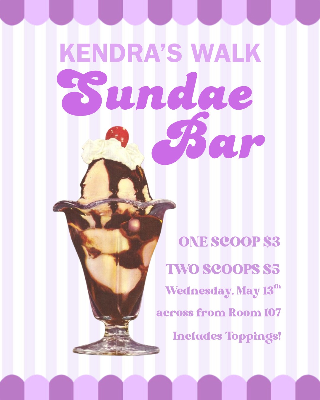 Hey Senior School!
We will be holding an Ice Cream Sundae Bar, tomorrow at flex, across from room 107! Prices are listed on the poster, and all proceeds go to CancerCare Manitoba! We hope to see you there 💜
#kendraswalk