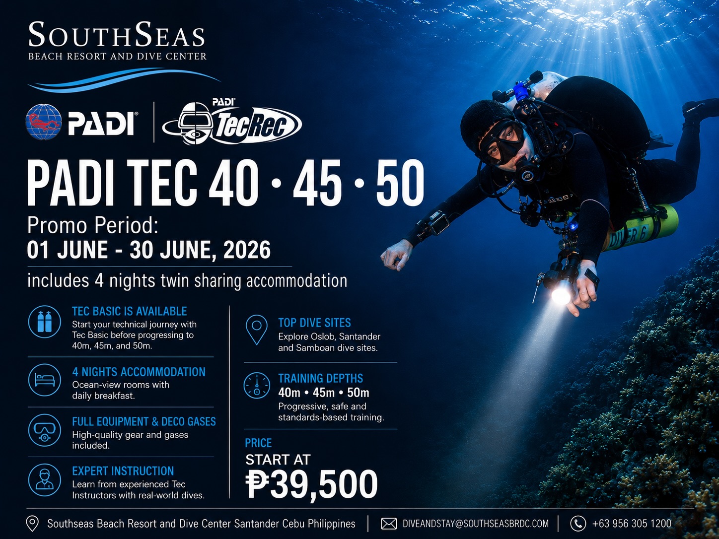 “GO BEYOND RECREATIONAL LIMITS”
Train deeper. Stay longer. Think sharper.
Become a certified technical diver with the PADI Tec 40 • Tec 45 • Tec 50 Courses all done here in Southseas Beach Resort and Dive Center, Cebu Philippines.
Learn advanced technical diving skills:
• Decompression diving procedures
• Stage cylinder handling
• Gas planning & team protocols
• Equipment configuration
• Emergency management & problem solving
• Extended range diving techniques
Whether you’re taking your first step into technical diving or advancing toward full decompression diving certification, this course builds the confidence, discipline, and mindset required for serious underwater exploration.
-Train with experienced technical diving professionals
- Island-based training environment
- Includes theory development & practical applications
- Perfect pathway toward deeper technical and cave/wreck diving goals
To get more information about this course & other inquiries:
Email us - diveandstay@southseasbrdc.com
WhatsApp: +63 956 305 1200
.
.
.
.
#PADI #paditec40 #paditec45 #paditec50 #paditecrec
Disclaimer: AI generated image