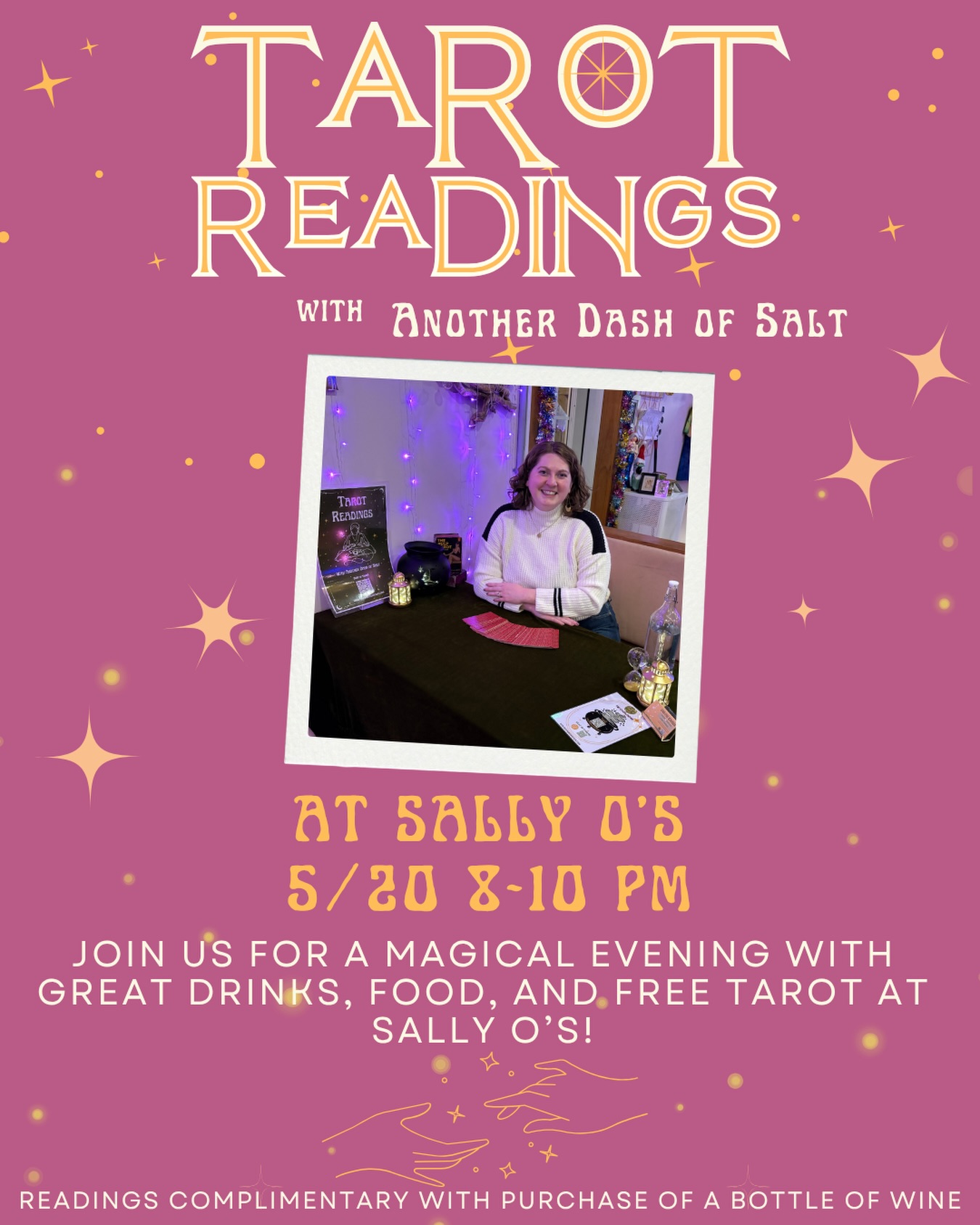 I’ll be back @sallyosmd for their Wine Wednesday! On 5/20 bring your friends, share a bottle (or 2) and get a complimentary tarot reading!🔮
✨This is the last chance to get a reading before I go on vacation!✨
#baltimoreevents #thingstodoinbaltimore #marylandevents #thingstodoinmaryland