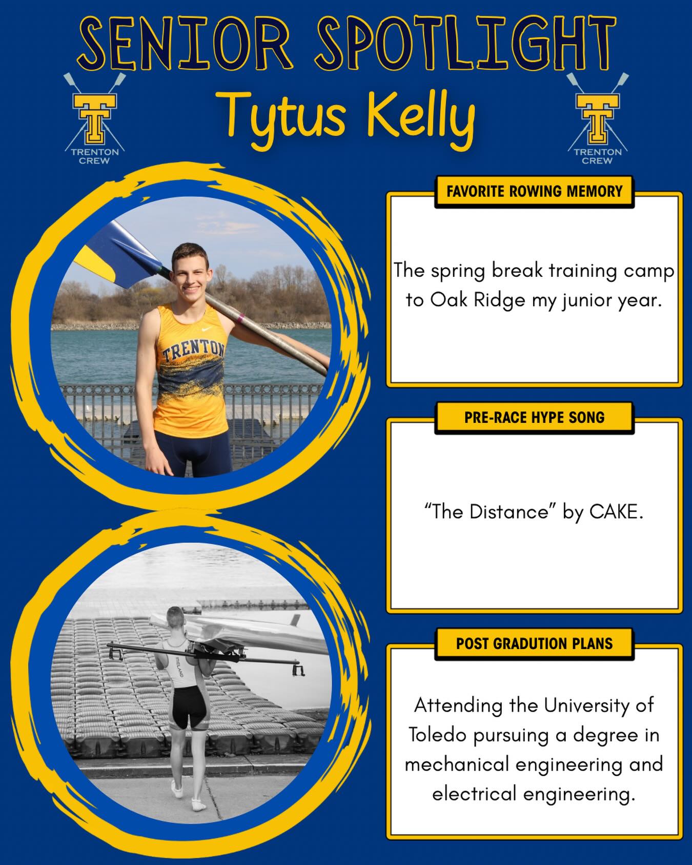 Senior Spotlight! ✨🚣♂️ Tytus Kelly is a three year senior rower who has been putting in the work since day one. He’s a very talented athlete who has been a huge influence on our team. We are looking forward to the rest of the season with him and wish him all the best in his future endeavors!