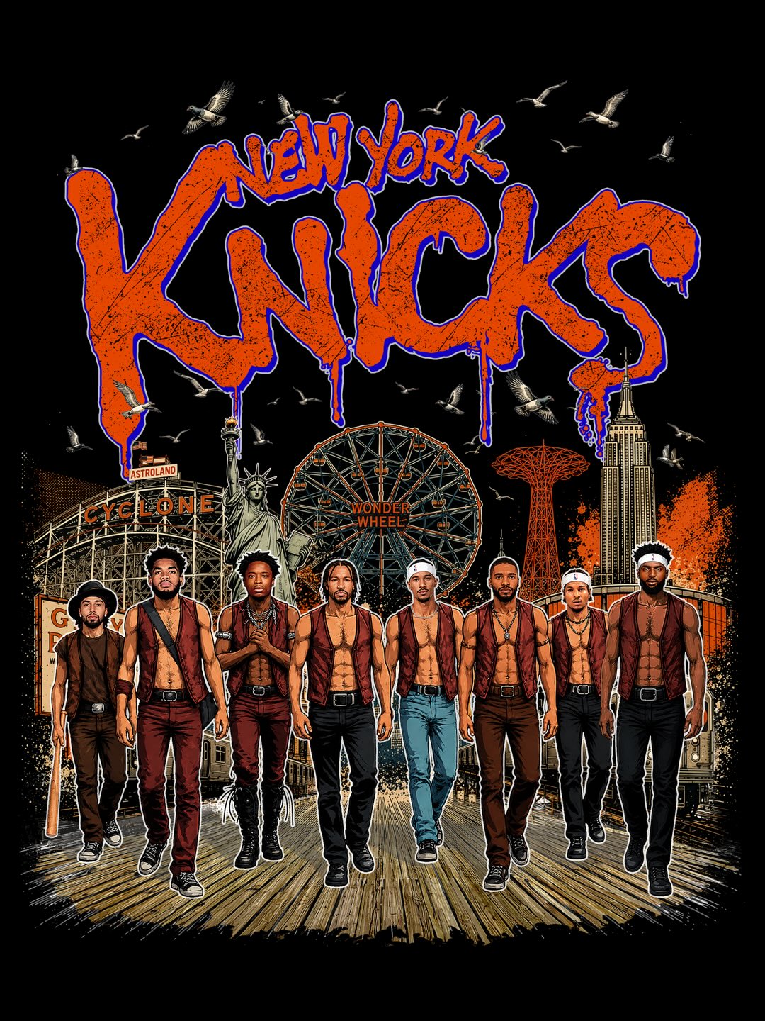 Fan Art. PUBLIC ANOUNCEMENT: Please be careful of other websites using our design. Customers have reached out, saying the print quality from those sites were trash and horrible and they are not affiliated with Fresh Off The Press. If interested in a print please DM us.
Inspired by the Knicks sweeping and running through the 76ers, I created this piece for those New York Warriors.
This is a mashup of NYC, Coney Island, and my favorite old-school cult classic movie, THE WARRIORS. And like The Warriors, The Knicks came out to play. They still have a long road ahead and two battles left to win to get the Championship back to NYC.
I used AI for some background Ideas, and rest using Adobe Firefly, and Adobe Photoshop. Even with a little help from AI, this design took over 3 hours, the vision, direction, and final touches and Photoshop skills came from the hamster wheel in my brain.🧠 🐹
New York Knicks Ya Heard!” 🧡💙🏀
#NewYorkKnicks #Knicks #NYK #NewYork #coneyisland @lin_manuel