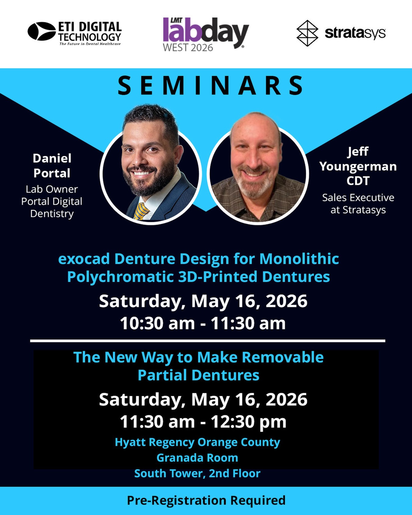 🗓️ Saturday, May 16 | LMT LAB DAY WEST 2026
Join us for two powerful back-to-back educational sessions focused on advanced digital denture and RPD workflows designed to improve efficiency, consistency, and patient outcomes.
🔹 10:30 AM – 11:30 AM
Learn how to deliver highly esthetic, functional dentures directly from the printer with no finishing or assembly required. Daniel Portal and Adrienne Slevin will share proven techniques for creating a streamlined, repeatable workflow that saves valuable production time while enhancing patient satisfaction.
🔹 11:30 AM – 12:30 PM
Discover how the QuickSnap workflow can reduce RPD production time while significantly lowering equipment and labor demands. Explore the complete digital workflow—from design through final assembly—for producing consistent, functional RPDs while scaling production without increasing staff.
✍️ Pre-registration is required — reserve your seat today!
Session 1: https://bit.ly/3PmJk8r
Session 2: https://bit.ly/4tan401
☎️ Questions? Contact ETI Digital Technology at (714) 238-1490 or sales@etidigitaltechnology.com
🌐 www.etidigitaltechnology.com
#Stratasys #J5DentaJet #TrueDentDentures #ETIDigitalTechnology #LabDayWest2026