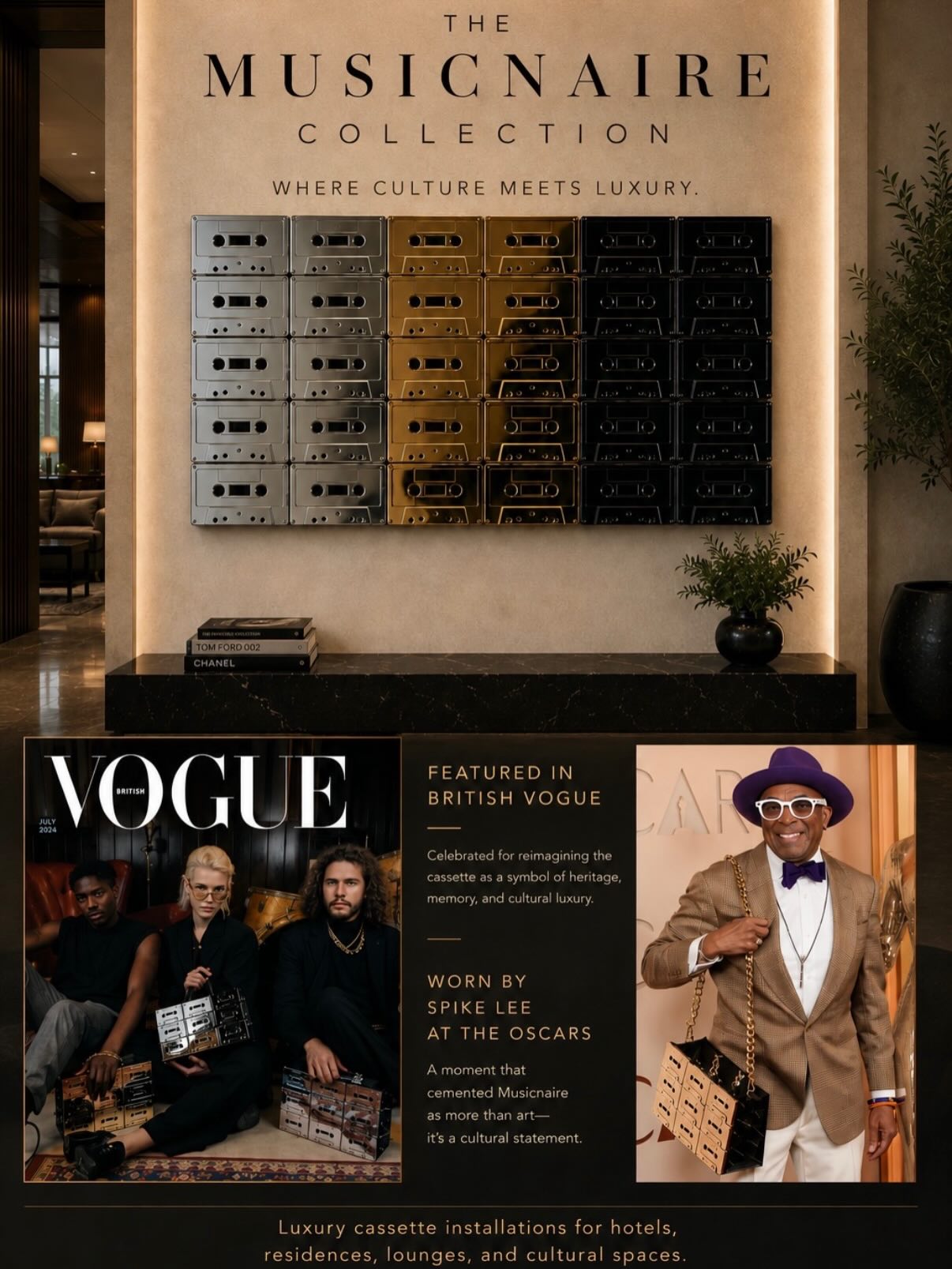 From cassette tapes to collectible interiors.
The Musicnaire Collection transforms sound, culture, and memory into architectural statements.
Designed for hotels, residences, galleries, and cultural spaces.
RUNYARO®
Where Culture Meets Luxury.