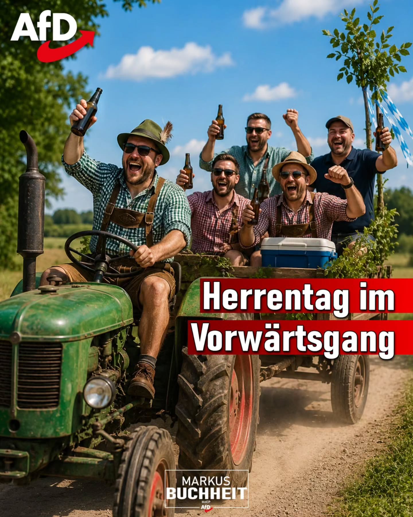 Während andere über Verbote, Wärmepumpen und Insektenburger diskutieren, machen wir das, was Männer am Vatertag seit Jahrzehnten tun:
Mit Freunden raus, Sonne genießen und den Anhänger voll guter Laune durch die Gegend ziehen. 🚜🍺
Kein Genderseminar.
Keine Moralpredigt.
Einfach ein ordentlicher Herrentag. 😄
Allen Vätern, Kumpels und Traktor-Kapitänen einen starken Feiertag! 🍻