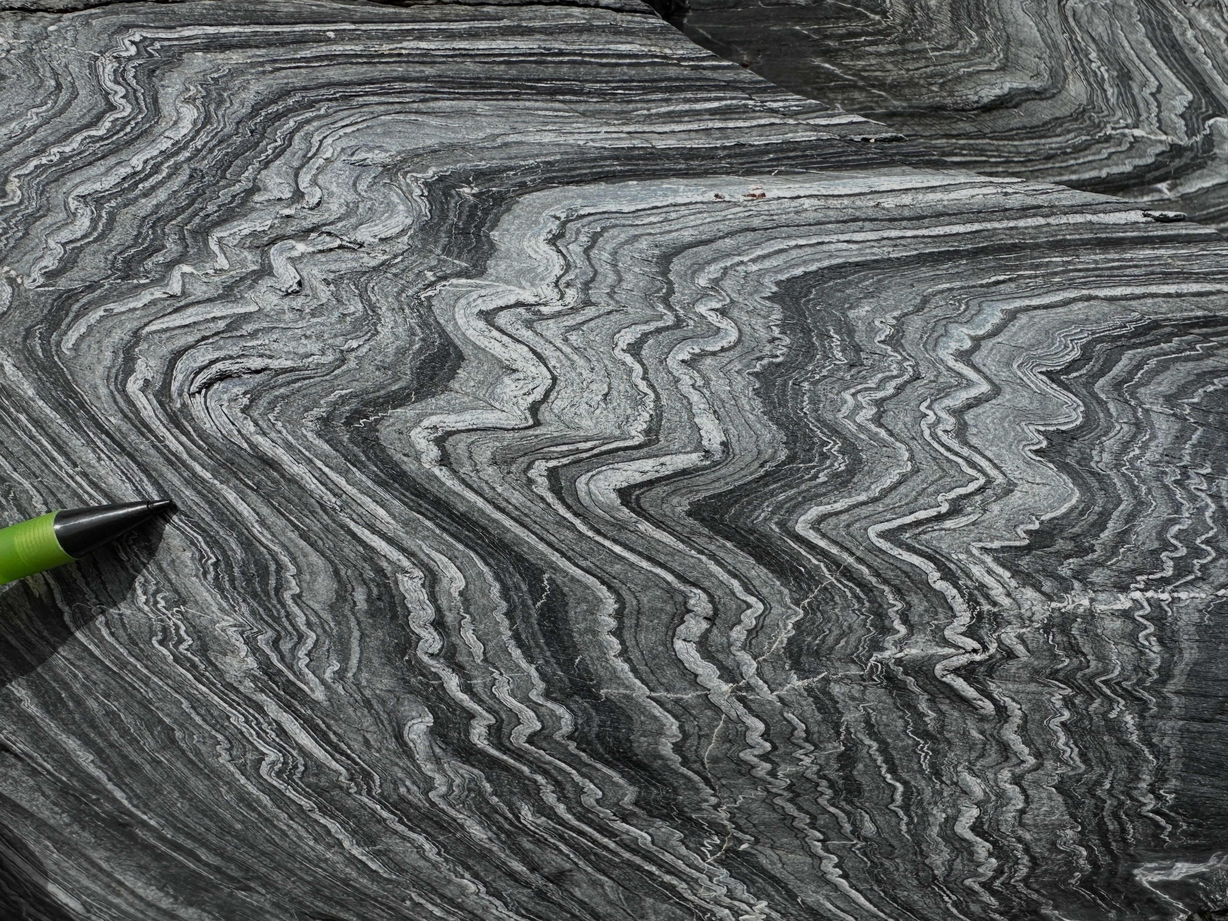 More geology art from Porthleven, with beautifully folded interbedded mudstones and sandstones.
The sedimentary sequences formed from underwater avalanches on submarine continental slopes, during convergence-related sedimentation in the Gramscatho Basin around 370 million years ago.
As two tectonic plates collided with the onset of the Variscan Orogeny, sediment that eroded from the overriding plate to the south washed down in to the closing ocean.
These sediments were eventually buried to around 10-12 km deep and squished together between these colliding plates. Here they were highly deformed and faulted, leading to some very impressive structural geology.
Whilst the complexity of these structures suggests they have undergone extreme temperatures and pressures, they actually haven’t. They didn’t even make greenschist facies metamorphism, up to around 300°C and 3 kbar of pressure.
However, these conditions and the rheological properties of the rock types were just enough so that when they got caught up between two tectonic plates these beautiful and complex structures formed.
#structuralgeology #tectonics #cornwall #geology #geologyrocks
