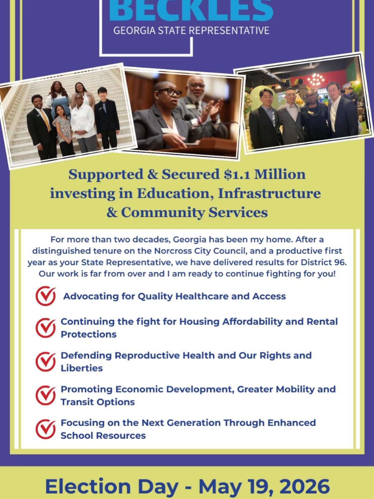 To everyone who already voted-THANK YOU! You showed up for HD96 and it means everything. To everyone still waiting-your moment is Tuesday, May 19th. Don’t sit this one out.
Dr. Arlene Beckles is the leader District 96 needs to keep. She’s been in the fight and she’s not done.
Check your polling location, print your sample ballot at www.mvp.sos.ga.gov #hd96 #quietauthority