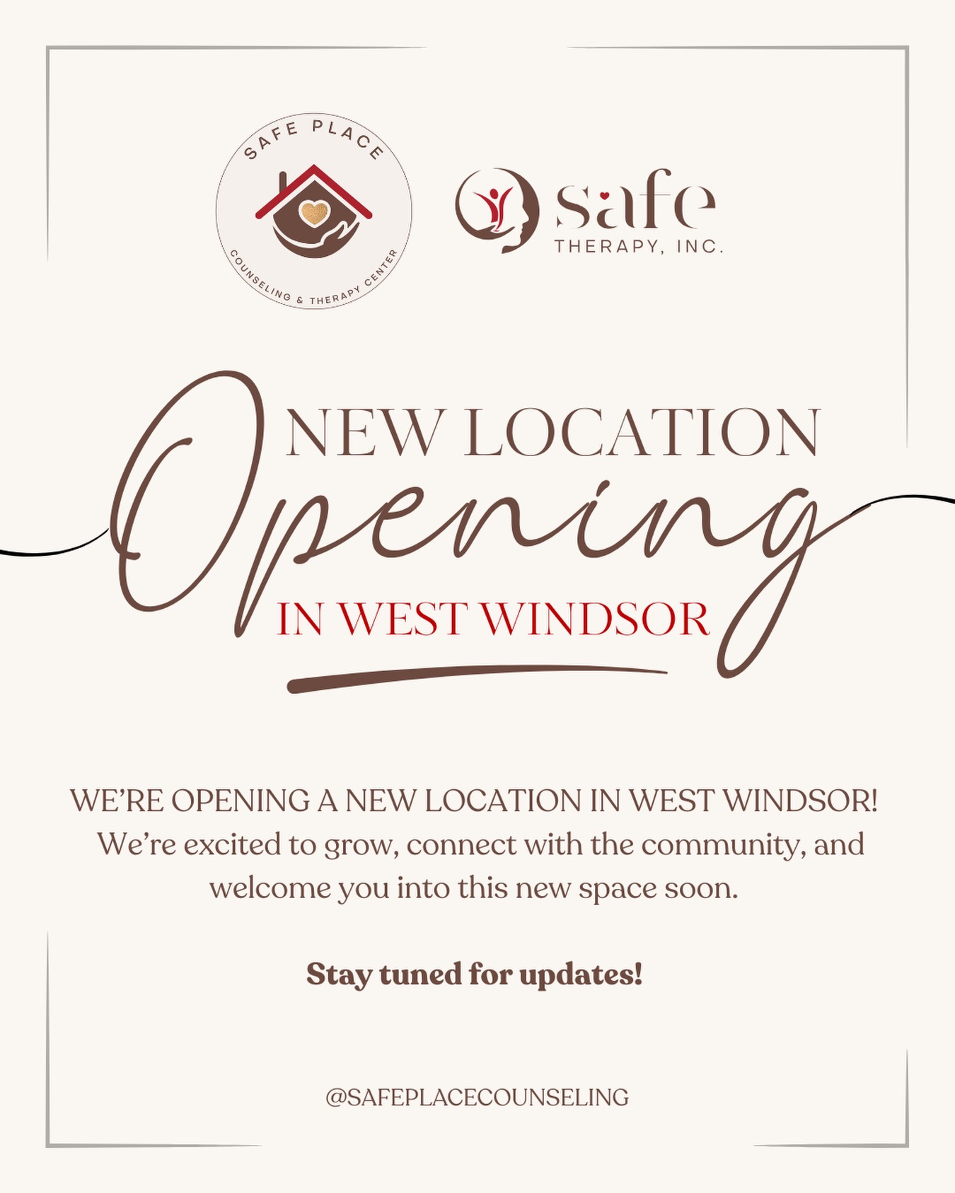 Something very exciting is on the horizon!
This expansion allows us to continue making care more accessible while welcoming even more individuals into our community. Our new space will offer the same warm, supportive environment and high-quality services you know and trust—now in a brand new setting. Stay tuned for more details, and we can’t wait to see you there!
Need support on your healing journey? We’re here to help. 💬 Send us an email: intake@safe-therapy.org or call us at 609-359-2266 to get started.
#mentalhealthawareness #safeplace #therapy #newlocation #westwindsornj