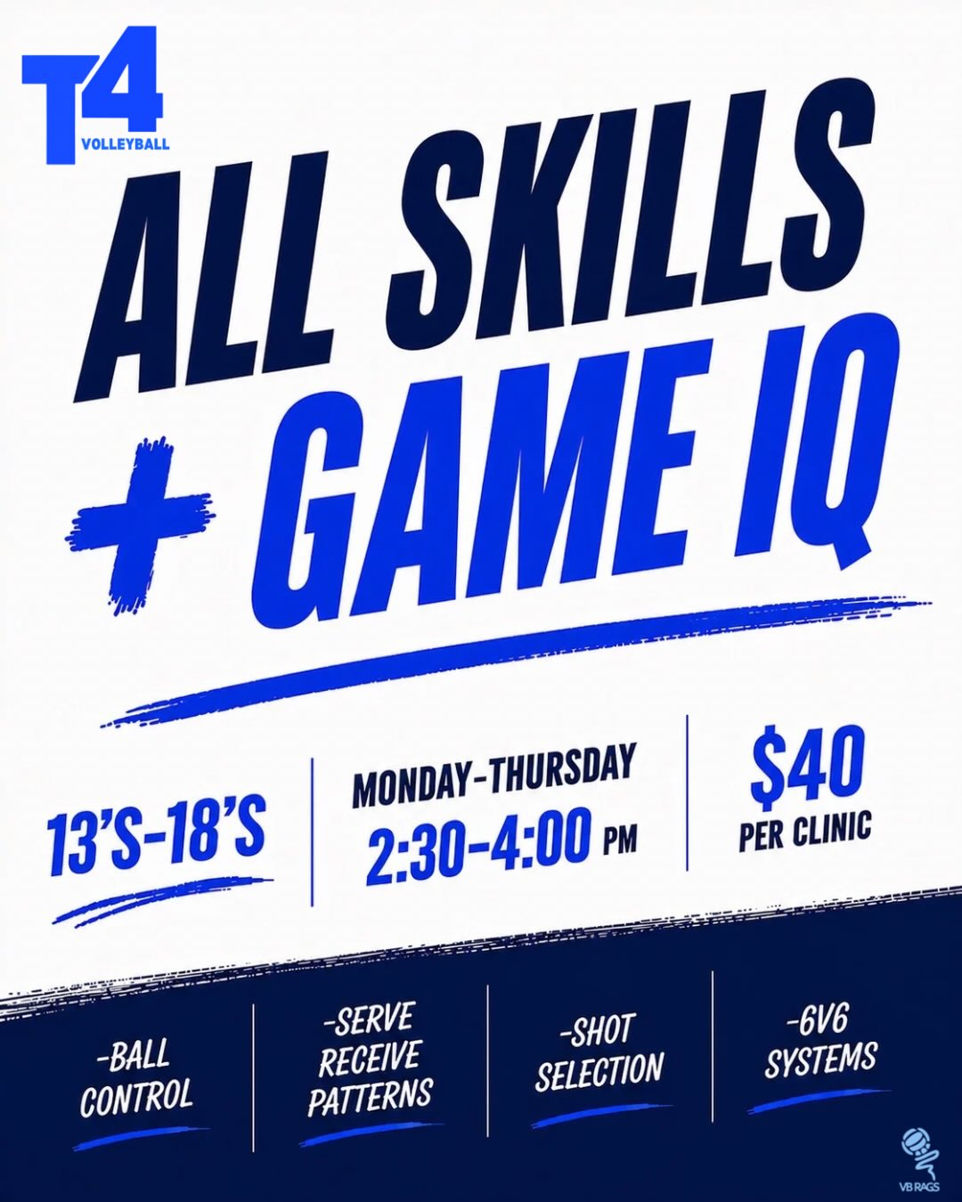 Compete through game-like drills and high-rep training focused on ball control, decision making, and team systems that translate directly to match play 🩵💙
Monday–Thursday
2:30-4pm
13’s-18’s
$40 Per Clinic (School or Club Volleyball Experience Required)
Register now through the T4 App or website.
#T4 #T4VBC #T4Volleyball