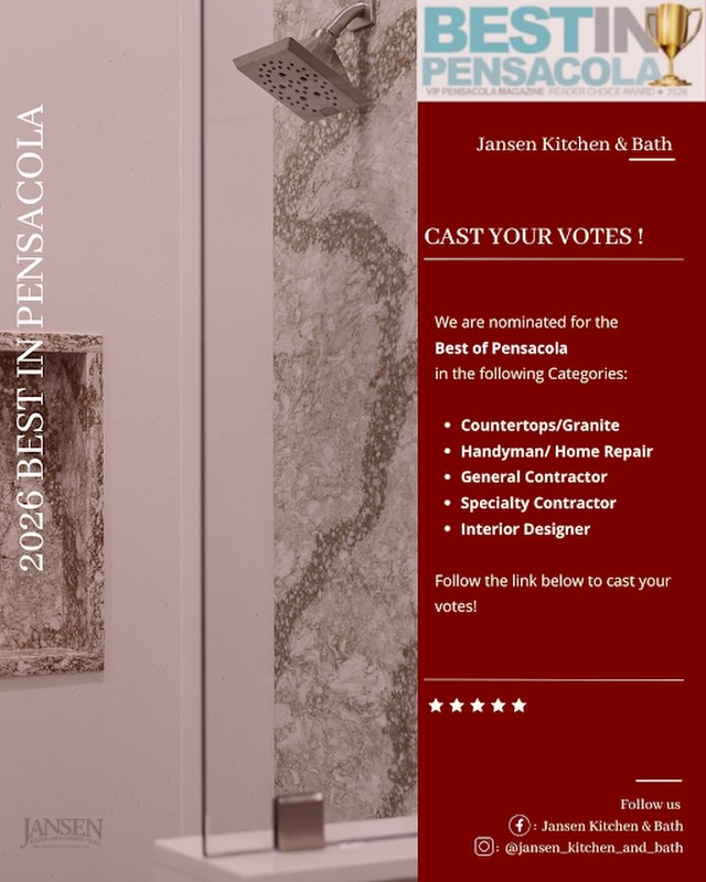 We’re honored to announce that we’ve been nominated for Best in Pensacola in FIVE categories! 🎉✨
▫️ Countertops/Granite
▫️ Handyman/Home Repair
▫️ General Contractor
▫️ Specialty Contractor
▫️ Interior Designer
We are incredibly grateful for the support from our amazing clients, friends, family, and community who continue to trust us with your homes and projects. Your support means everything to our team! 🤍
Voting is officially open from May 11th – May 22nd, and we would truly appreciate your vote!
🗳️ Vote here:
https://vippensacola.com/editorial/best/#/gallery?group=543552
Thank you for supporting our small business and helping us continue doing what we love every day! 🏡✨
#BestInPensacola #Pensacola #PensacolaBusiness #GeneralContractor