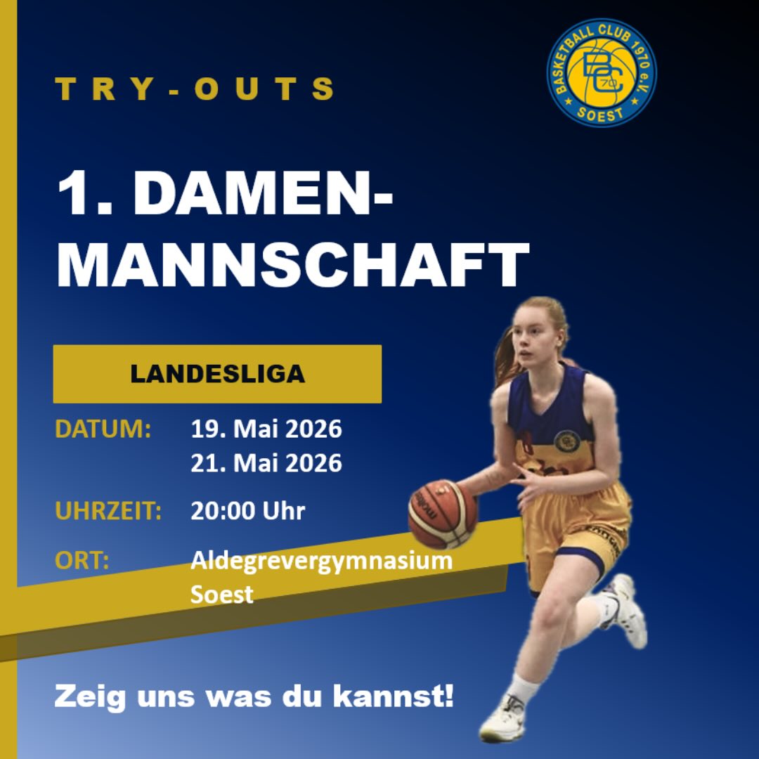 🏀 TRY OUT – 1. DAMENMANNSCHAFT
Unsere 1. Damenmannschaft braucht Verstärkung – und wir suchen genau den Funken, der uns in der Landesliga noch fehlt. Du hast das Zeug dazu, das Spiel zu prägen? Dann ist jetzt der Moment, einzusteigen.🔥
Unser Try Out findet an zwei Terminen statt:
📅 19. Mai 2026 – ab 20:00 Uhr
📅 21. Mai 2026 – ab 20:00 Uhr
📍 Aldegrevergymnasium Soest
Komm einfach vorbei und zeig uns was du drauf hast! 🙌
