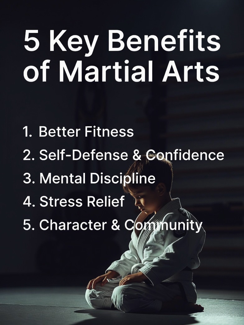 5 Powerful Benefits of Martial Arts Training 💪
From kids on the mat to adults chasing goals — martial arts delivers way more than just physical skills.
Swipe through to discover the 5 key benefits:
1. Better Fitness
2. Self-Defense & Confidence
3. Mental Discipline
4. Stress Relief
5. Character & Community
Whether you’re a parent looking for something great for your kids or an adult ready for a new challenge — martial arts builds stronger bodies and sharper minds. Start your journey today!
Which benefit speaks to you the most? Drop a number below 👇