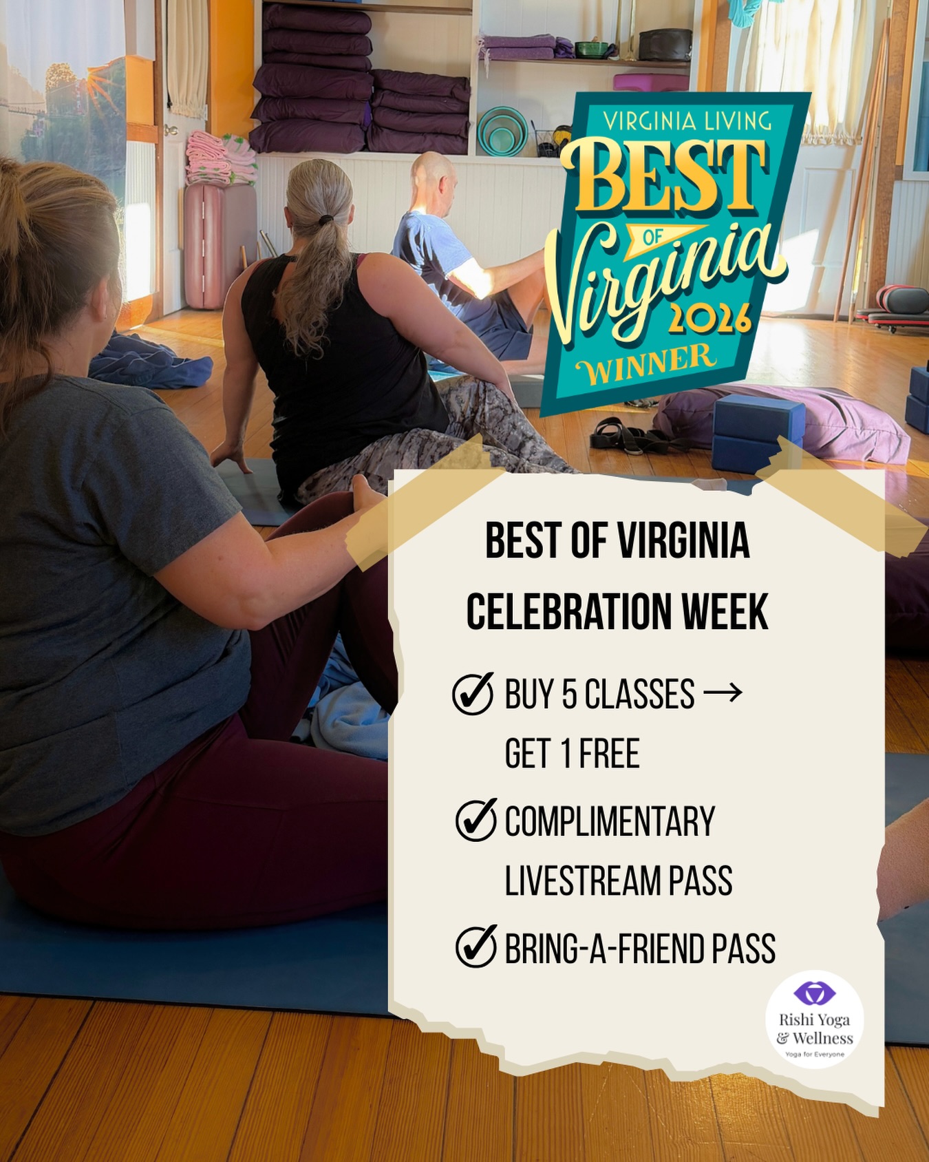 Weāre honored to officially celebrate being voted Best of Virginia 2026 šāØ
*
To celebrate, weāre offering special bonuses now through May:
⨠Buy 5 classes, get 1 FREE
⨠Complimentary livestream pass
⨠Bring-a-friend pass
*
If you have been thinking about trying your first class, this is the perfect time to join us! Experience Virginiaās award-winning yoga & wellness studio and see why our community continues to grow. š
*
Visit us this Saturday at the @whitestonestreetmarket or contact us to claim your offer today (one offer/person)šRishi Yoga & Wellness, White Stone VA š Livestream from Anywhere š 804-456-8030 š rishiyogaandwellness.com
*
#BestOfVirginia #VirginiaLiving #northernneckva #onlineyoga #virginiawellness