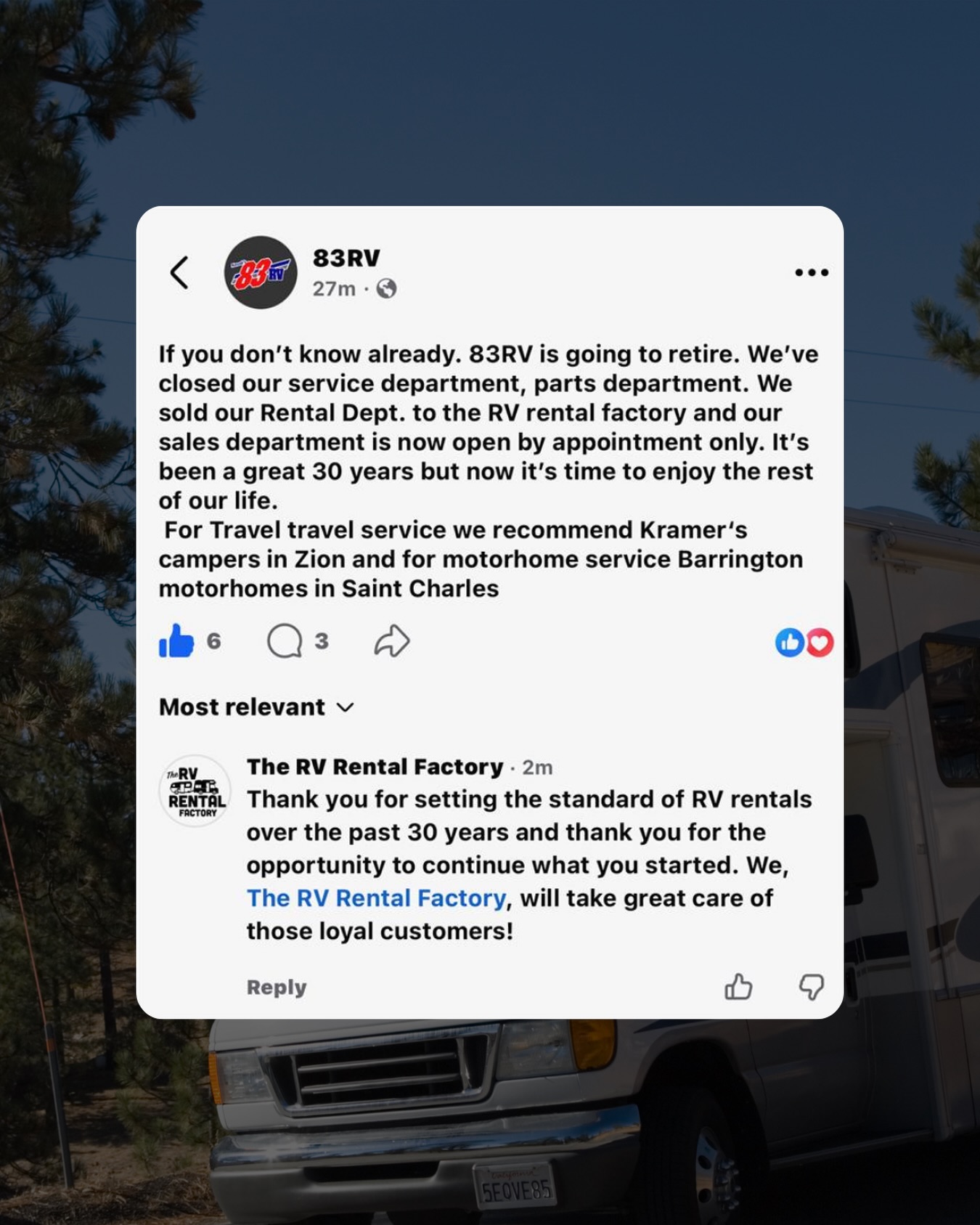 Honored to continue the legacy that 83RV built over the past 30 years. We’re excited to welcome their loyal customers to The RV Rental Factory family. 🚐