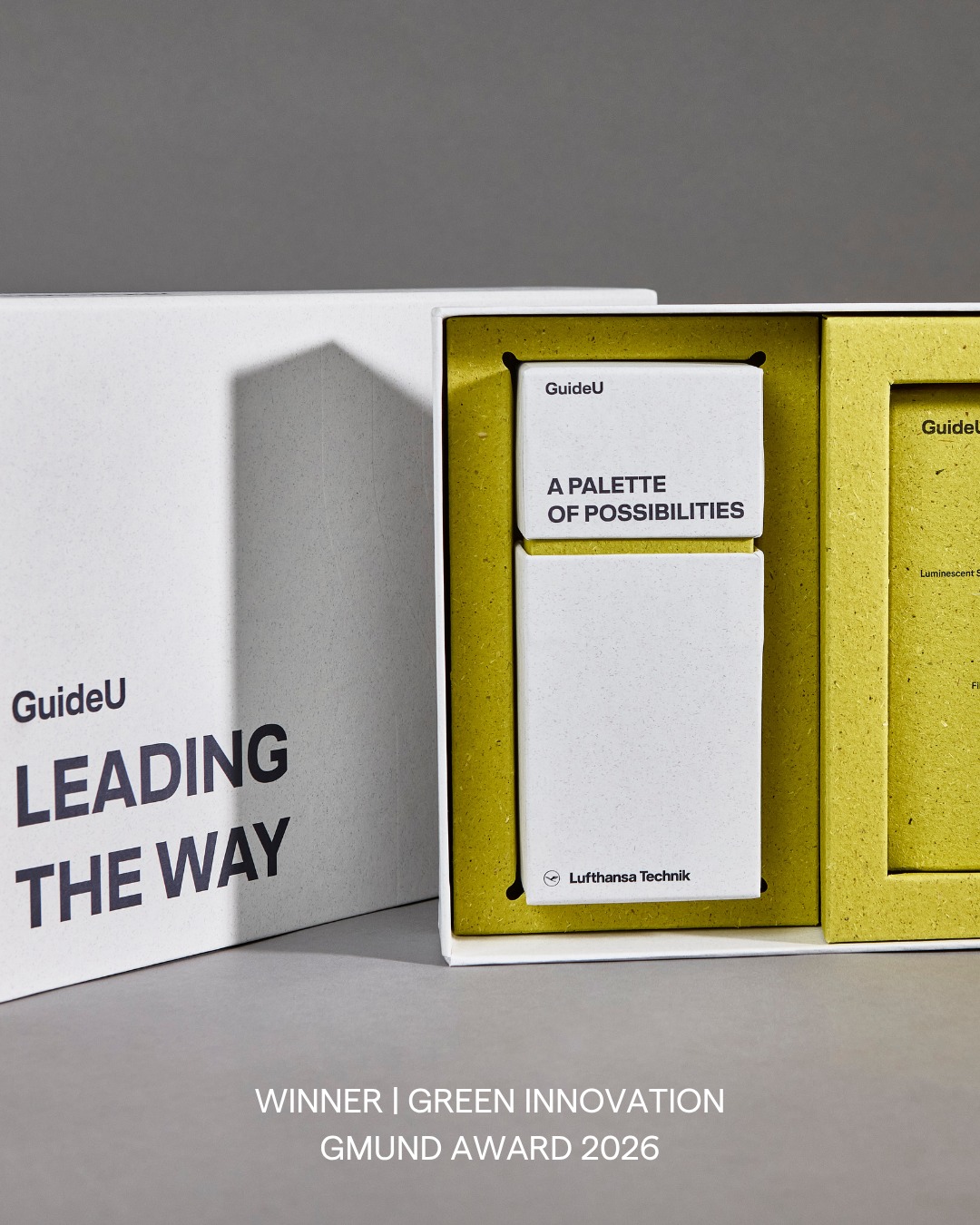 “Leading the Way” by Fritz Kundner GmbH & Co. KG is the winner of the category „Green Innovation“. Developed for PRODUCTIONMATTERS and Lufthansa Technik, the packaging serves as a presentation solution for the “GuideU” floor marking system.
The focus is on sustainable materials such as Gmund Hemp and Gmund Bio Cycle, deliberately avoiding the use of plastic films and varnishes. Combined with offset printing, blind embossing, and precise die-cutting, the result is high-quality, functional packaging with a clear ecological focus.
#gmundaward #gmundaward2026 #gmundpaper #packagingdesign #greeninnovation