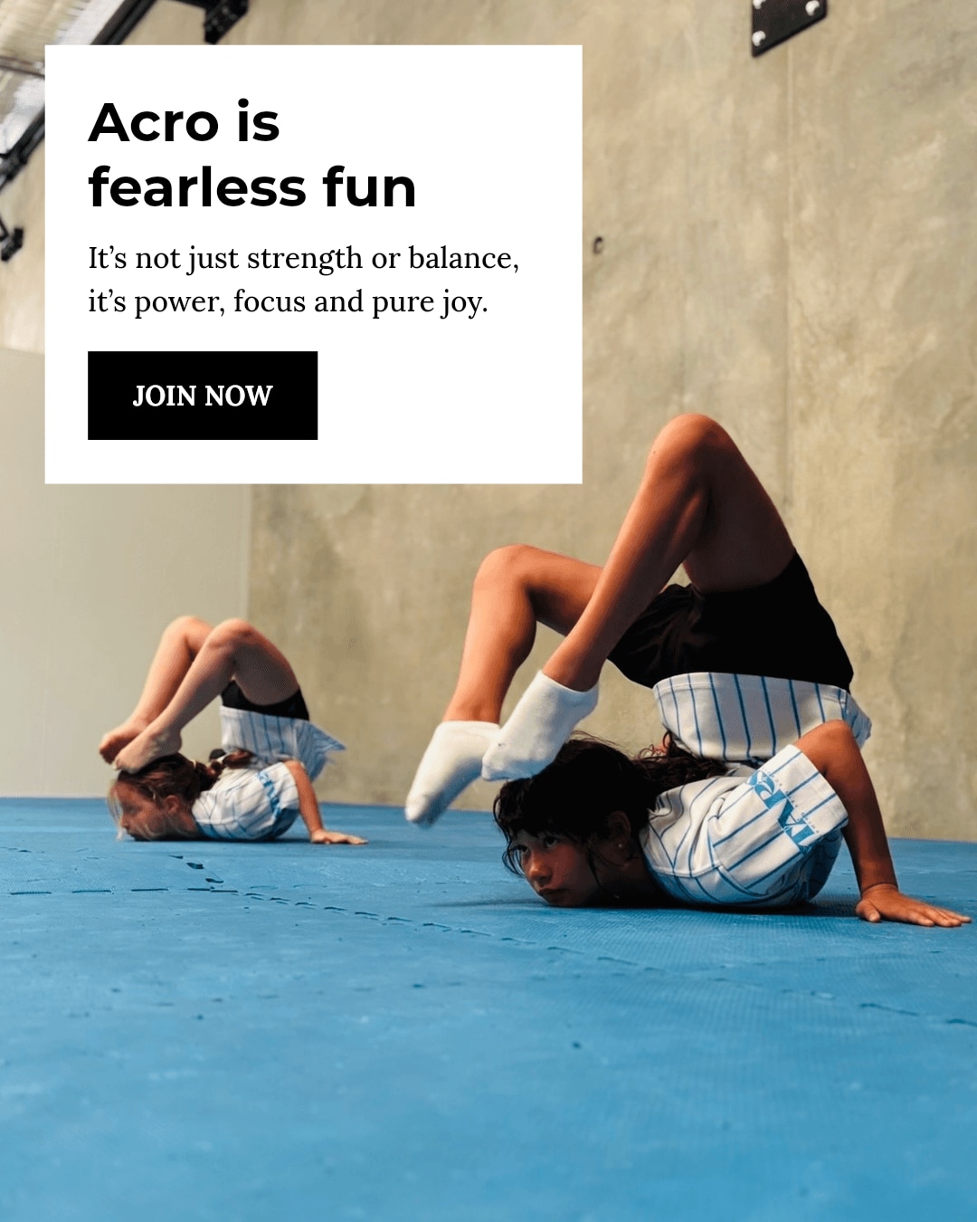 Acro skills aren't just about strength or balance — they're a fearless mix of power, focus, and pure fun!
It's about building confidence while having a blast flipping, tumbling, and flying.
Ready to find the joy behind every leap? Join us at Stars and let your acro adventure begin!