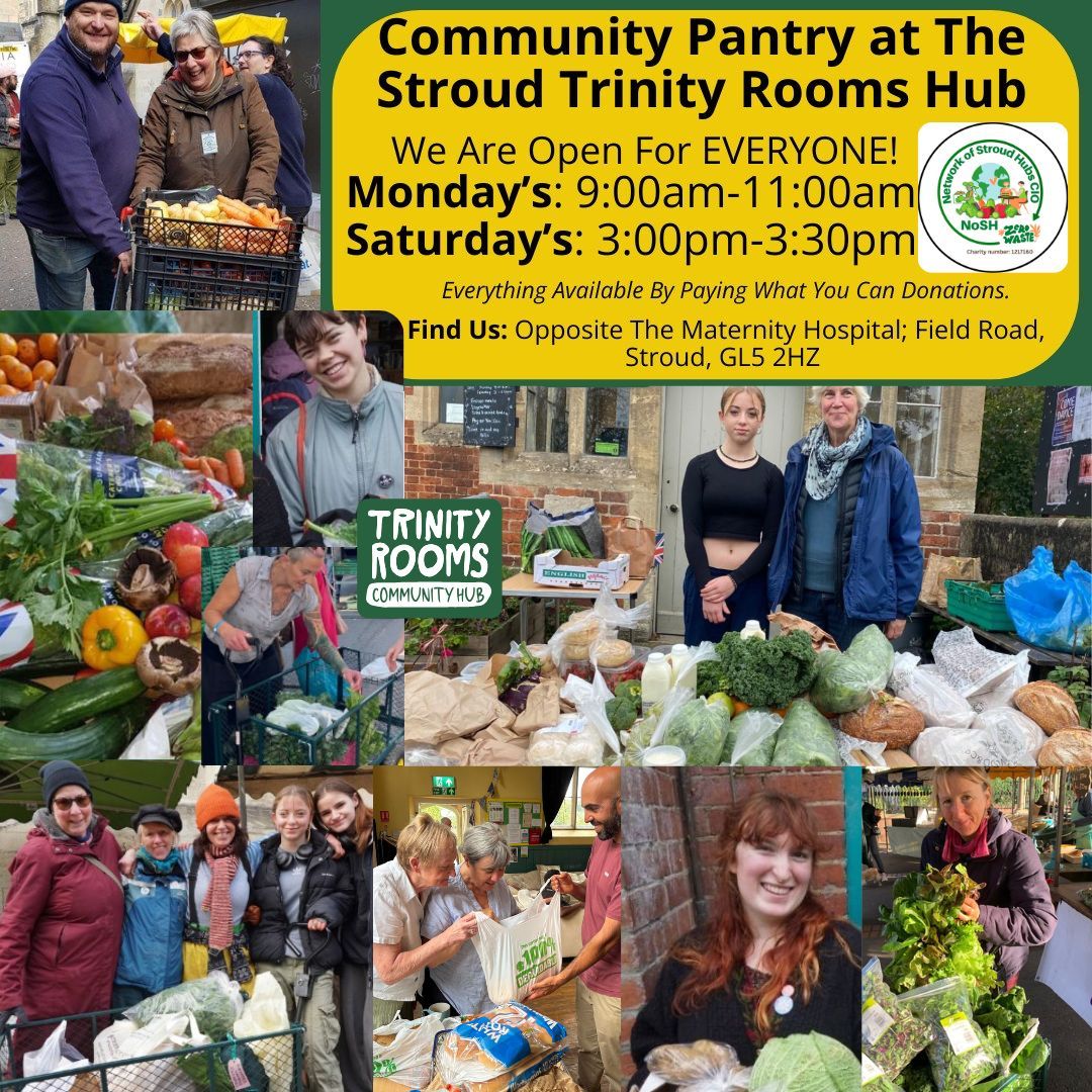 We are here for all with our Stroud Trinity Rooms Community Pantry! Open 3pm-3:30pm Saturday's & 9am-11am Monday's.
Fresh local food, household staples, essential produce and products, with volunteers on hand to help or just for a chat over a cuppa and biscuit. Part of the local Network of Stroud Hubs A.K.A. NoSH.
With everything available on a 'pay as you can' basis all donations (in person or on our website) are extremely welcome and help to keep the project going.
www.linktr.ee/trinity.rooms
#stroud and proud supporting local and nurturing community spirit.
#Advice #Food #Nailsworth #EatWell #Poverty #Healthy #Helpful #Action #Gloucestershire
#FreshProduce #Chalford #Ebley #Painswick #Sustainable #SupportLocal