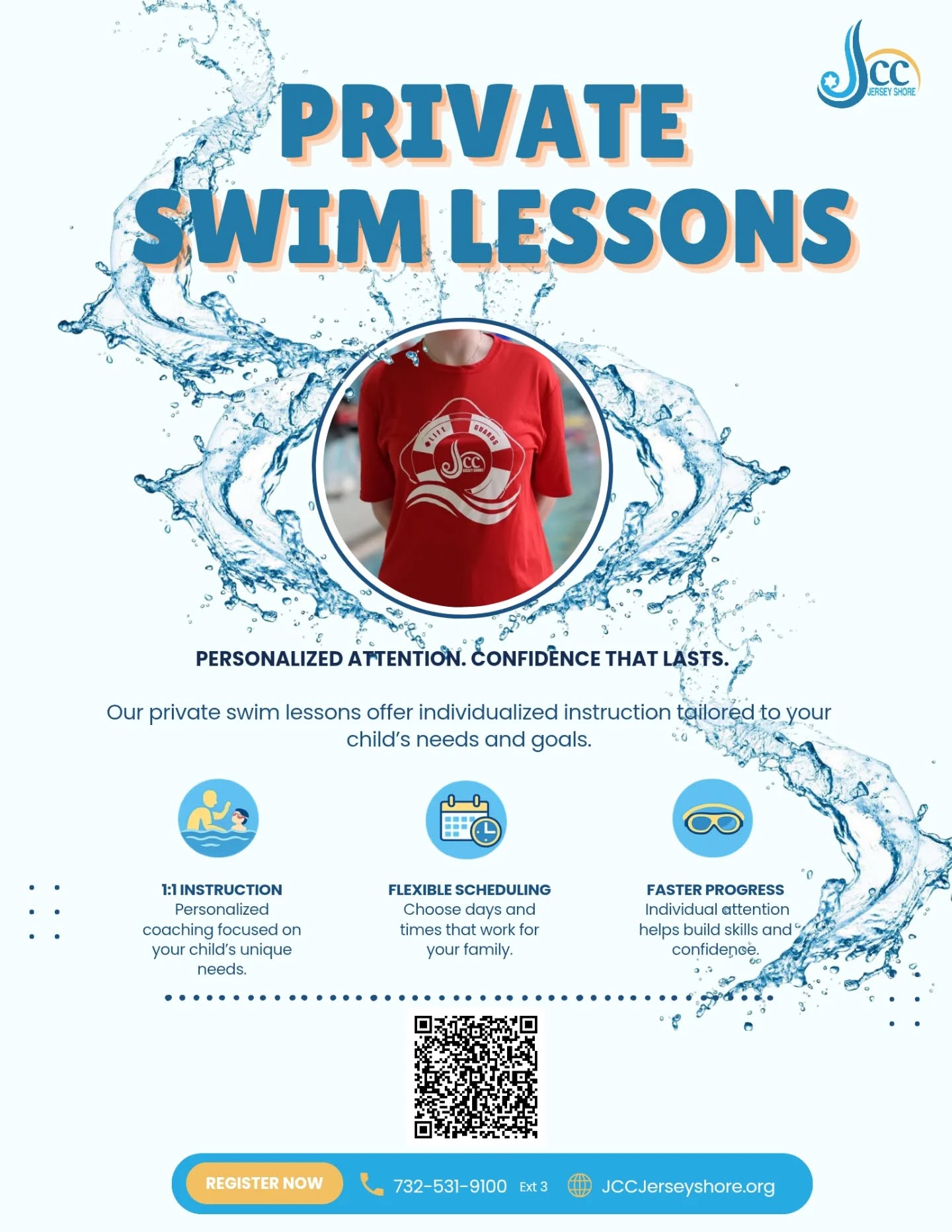 Ready to help your child build confidence in the water?
JCC Jersey Shore Private Swim Lessons offer personalized one-on-one instruction tailored to each swimmer’s age, skill level, and goals.
Whether your child is just getting comfortable in the water or looking to strengthen technique and confidence, our instructors provide focused support in a safe and encouraging environment.
• Individualized instruction
• Flexible scheduling
• Faster progress through personalized attention
Spots are limited.
Register today: 📞 732-531-9100 ext. 3
🌐 JCCJerseyShore.org
#JCCJerseyShore #SwimLessons #PrivateSwimLessons #YouthAquatics #WaterConfidence