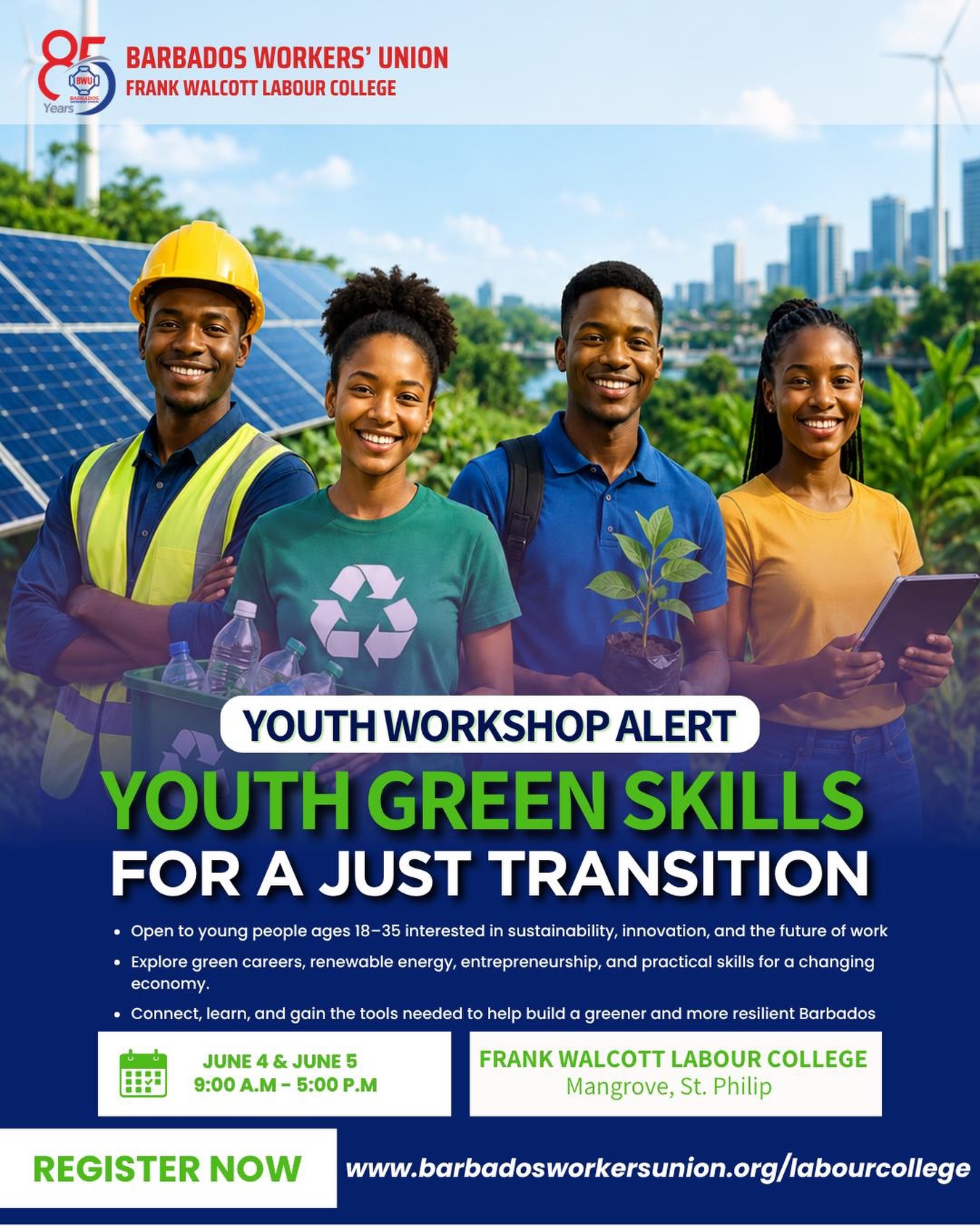 The future of work is changing — and young people must be ready to lead the transition. 🌱⚡️
Join us for Youth Green Skills for a Just Transition, a two-day workshop designed to equip young people with the knowledge, practical skills, and conversations needed to navigate a greener economy and a changing world of work. From renewable energy and sustainability to innovation, entrepreneurship, and green careers, this workshop is about preparing youth to be part of Barbados’ future. 🇧🇧
If you are passionate about sustainability, development, climate action, or simply exploring new opportunities for the future, this space is for you.
📅 June 4 & 5
⏰ 9:00 a.m. – 5:00 p.m.
📍 Frank Walcott Labour College, Mangrove, St. Philip
👥 Open to young people ages 18–35
Register now and be part of building a greener, more resilient Barbados. 🌍💚