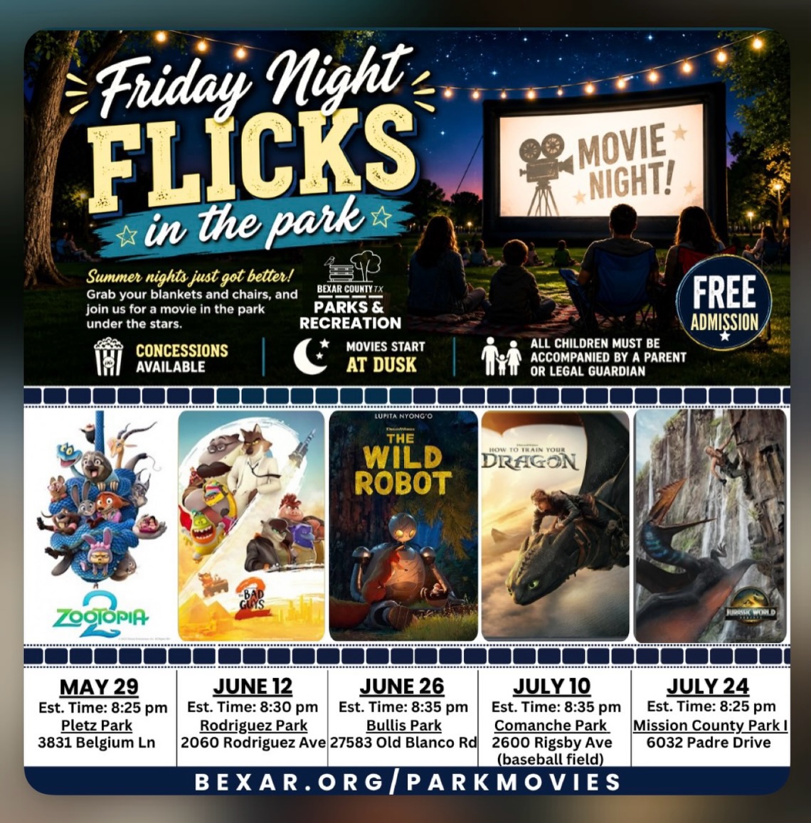 We’ll be back out at Bexar County parks starting this month! Free outdoor movies start at dusk. Bring picnics, chairs and blankets. Pet friendly. @bexarcountytx