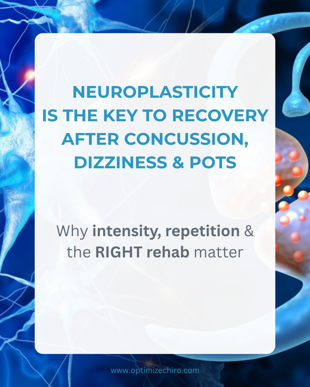 Neuroplasticity is the foundation of modern rehab 🧠
But here’s the problem…
Most people are not failing rehab —
they’re being UNDER-DOSed.
After concussion, dizziness, or POTS, the brain doesn’t just “heal” —
it needs to be retrained through:
• Repetition
• Intensity
• Specificity
• Frequency
Vestibular rehab works through error
Vision therapy rewires cortical pathways
POTS improves with autonomic conditioning
👉 These systems are all connected
If you’re still dealing with:
• Dizziness
• Brain fog
• Visual issues
• Fatigue
• Exercise intolerance
…it may be a neuroplasticity problem — not a structural one.
#neuroplasticity #concussion #vestibularrehab #visiontherapy #POTS