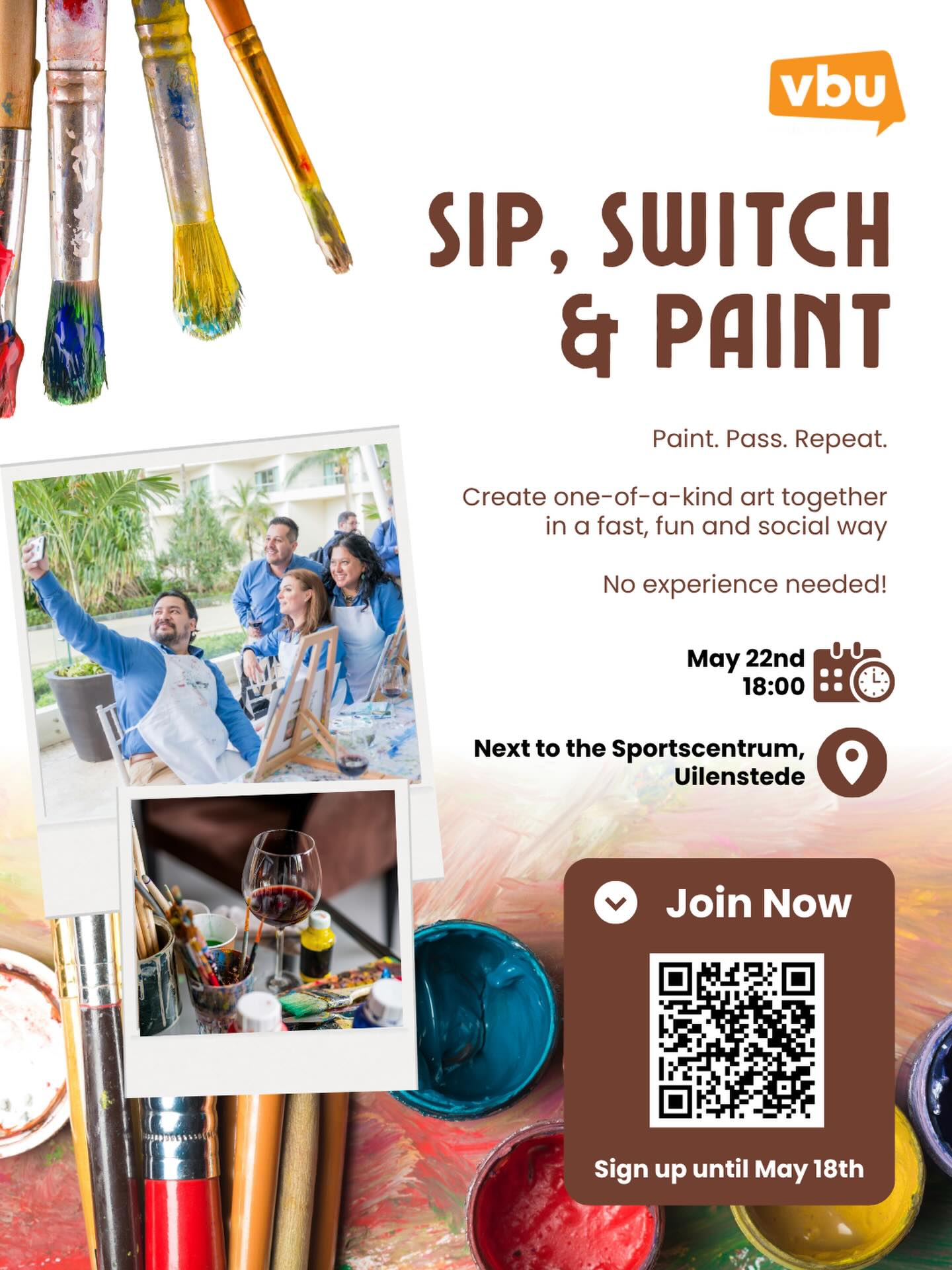 Ready to get messy? 🎨🍷
Join us for Sip, Switch & Paint! It’s not just painting; it’s a team effort. Paint, pass your canvas, and repeat to create something totally unique with the crew.
No skills? No problem. No experience is needed—just bring your energy (and maybe don’t wear your favorite white shirt).
🗓 When: May 22nd @ 18:00
📍 Where: Next to the Sportscentrum, Uilenstede
🎟 How: https://www.vbu.nl/event-details/sip-switch-paint (FREE)
