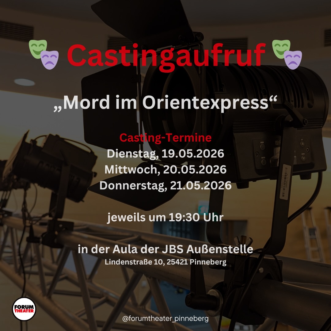 🎭🚂 Ein Mord. Ein Zug. Viele Geheimnisse.
Die Casting-Termine für unsere Herbst-Produktion, den Krimi-Klassiker „Mord im Orientexpress“ stehen fest. 🔍✨
📅 Castingtermine:
19.05.2026
20.05.2026
21.05.2026
🕢 jeweils um 19:30 Uhr
📍 Aula der JBS Außenstelle (Lindenstraße 10, Pinneberg)
📖 Texthefte können vorab beim Regie-Team angefragt werden.
Schreib uns eine DM oder melde dich über das Kontaktformular auf unserer Website.
Auch hinter der Bühne freuen wir uns immer über Unterstützung – ob Technik, Kostüm, Maske, Bühnenbau oder Organisation. 🙌
Wir freuen uns auf euch! 🚂✨
Den Castingaufruf sowie weitere Informationen zu den Rollen, zum Casting und zum Stück findet ihr auf unserer Website.