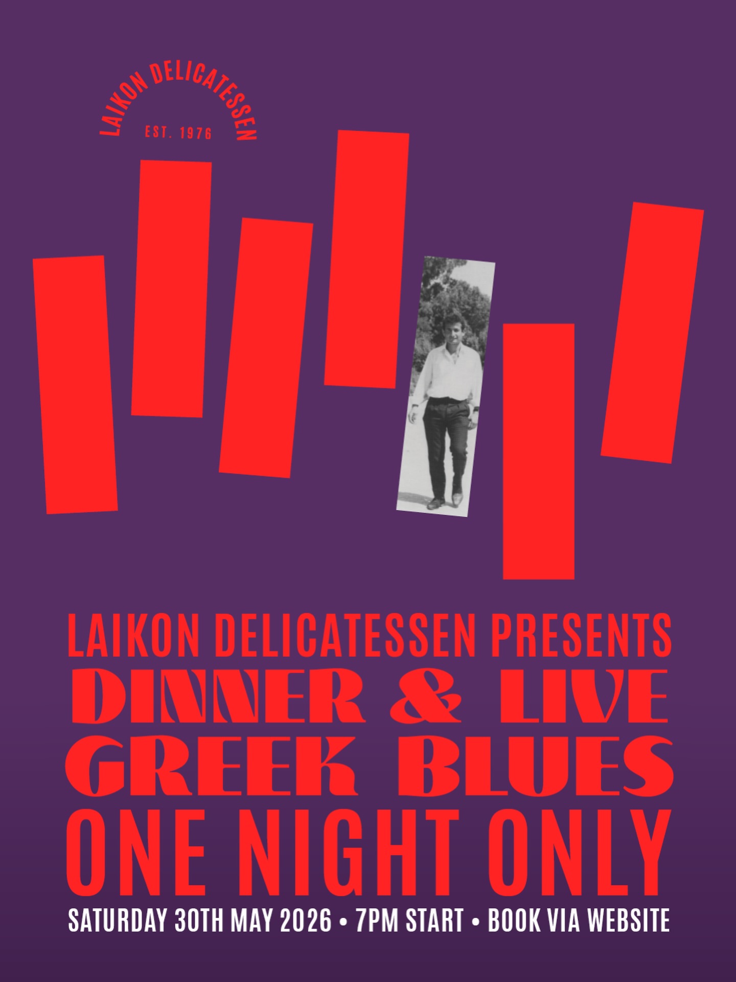 -- SOLD OUT -- One night only.
An intimate evening of live Greek blues, shared plates and old-school taverna atmosphere at Laikon. 🇬🇷
Join us from 7pm–11pm for a special night of music, food and good company featuring a live two-piece Greek blues band and a 3-course shared feast inspired by the classics we grew up with.
Think warm lights, flowing wine, late-night conversation and the sounds of old Greece filling the room.
Saturday 30th May 2026
7pm–11pm
$85 per head
3-course meal + live music
Bookings essential via our website.
Maximum 6 guests per table.
#LaikonDelicatessen #GreekBlues #MelbourneEvents #GreekFood #RichmondMelbourne