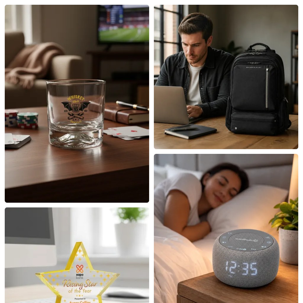 You want to make a great impression with your branded merchandise. Give your customers a gift they'll keep and use! #tumblers #backpacks #awards #alarmclocks