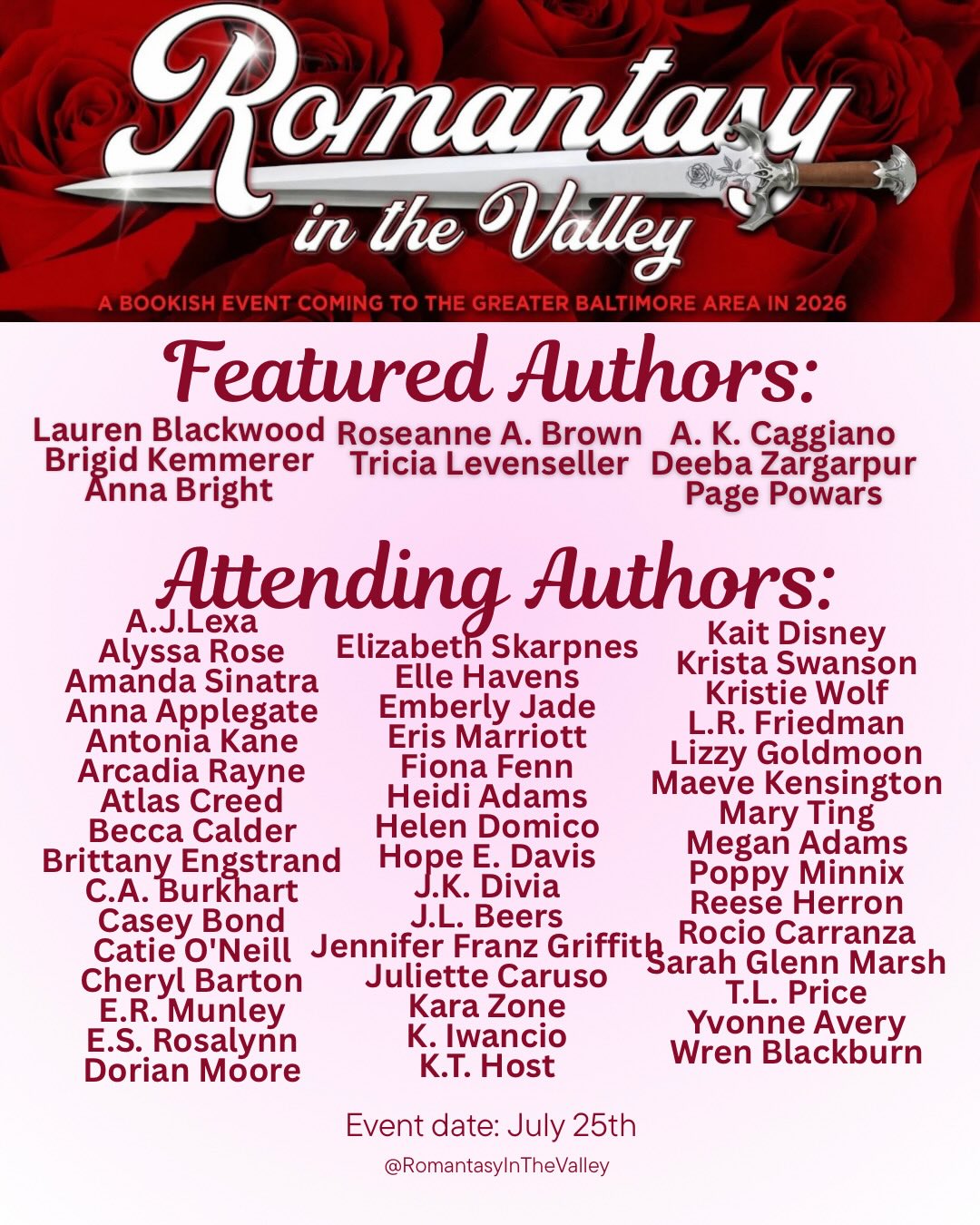 Everything you need to know about RITV!
Books from home - Bring them! Authors will be happy to sign books from home. But don’t forget to support the authors with on site purchases too!
Book carts - Bring them! We want you to navigate comfortably!
Advanced lineup - Registration for each signing wave will start 1 hour before the doors open. You will check in at the registration desk in the lobby, get the appropriate wrist band(s) and pick up your RITV website pre orders. Then you’re free to enjoy the 360 free camera before exiting the hotel and getting into the signing line
Yes! Signing line will be outdoors! Please plan accordingly and bring sunscreen and water! We will have a rainy day plan, but will not be able to use it unless it’s raining!
The general timelines are noted below. I’ve included both Author / Vendor only - and general public info below. I want to be clear which items are for ‘all’ and which aren’t, as denoted below!
7am: Set-up for Authors and Vendors
9am: Registration for Attendees / Line up For A.M. Signing Wave
10am-12:15pm: Doors Open First Signing wave
12:15pm-12:45pm: Lunch / Break – All attendees must exit the signing room
11:45m: Registration for Attendees / Line up For P.M. Signing Wave
12:45pm-3pm: Doors open for second signing wave
3pm: Doors Close, all attendees must exit the signing room
—EVENT ENDS—
3:30-5:00pm: CLOSED EVENT Author/Vendor Cocktail Hour/Dinner
530pm: Event breakdown / Pack up
IF YOU HAVEN’T GOTTEN YOUR TICKET YET, THERE IS STILL TIME!
$15 🎟️
Embassy Suites hunt Valley 📍
07/25/26 🗓️
#romantasyinthevalley #ritv26 #bookconvention #booksigning #bookcon