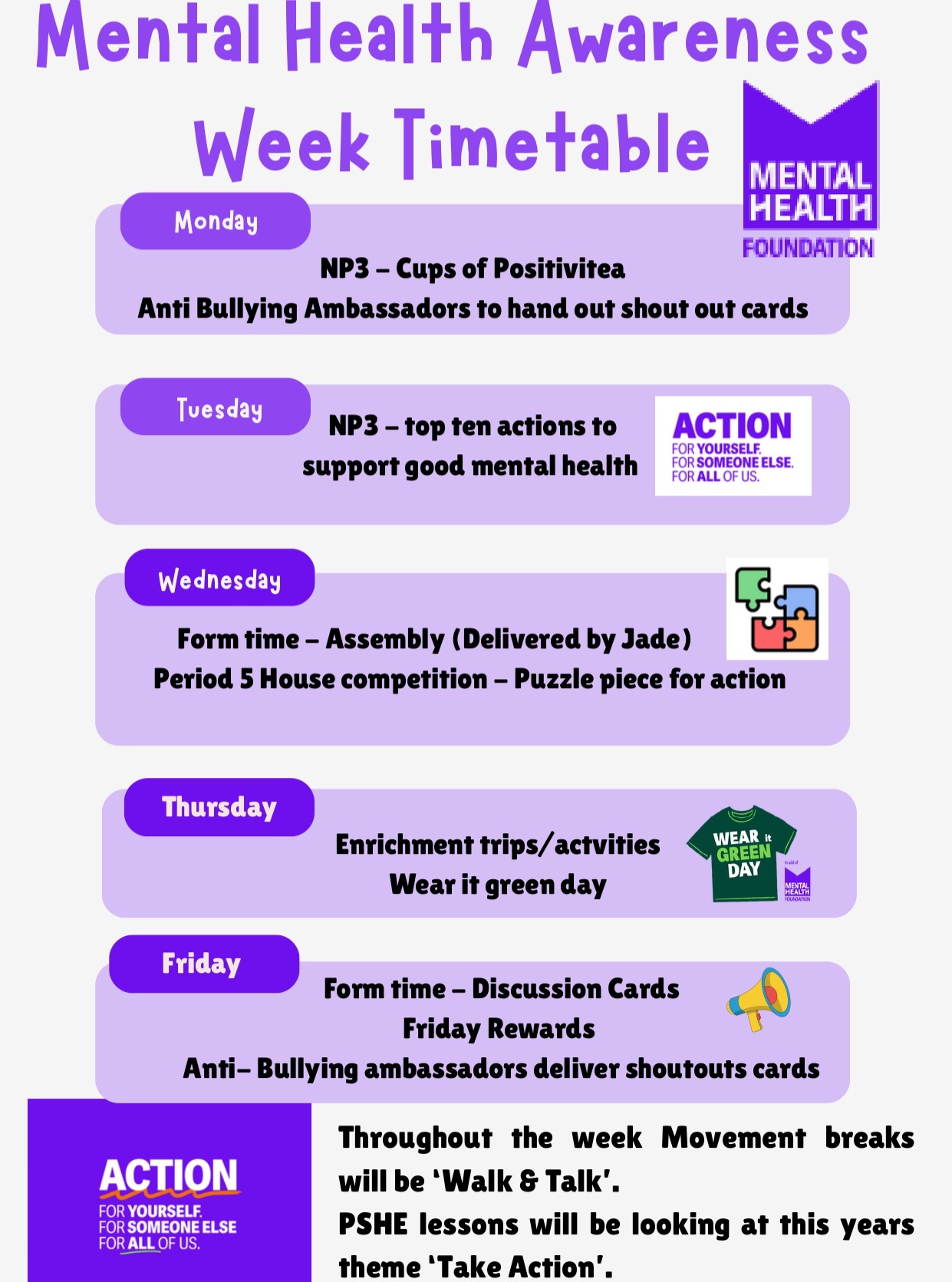 πΏ Mental Health Awareness Week at INWS
Weβve had a busy week following our Mental Health Awareness Week Timetable! This yearβs theme from the Mental Health Foundation is 'Take Action', focusing on practical steps for well-being.
π
This Weekβs Highlights
Monday & Tuesday: We shared 'Cups of Positivitea' and explored the top ten actions for good mental health.
Wednesday: Today included a special assembly and a House competition focused on taking action.
Daily: Students are taking 'Walk & Talk' movement breaks and discussing mental health in PSHE.
π Wear It Green Day: Tomorrow
Thursday is Wear It Green Day! Please wear something green to support the Mental Health Foundation and help fund vital mental health research and prevention.
π Finishing Strong
On Friday, we conclude with Discussion Cards, Friday Rewards, and final shout-outs from our Anti-Bullying Ambassadors.
#MentalHealthAwarenessWeek #TakeAction #WearItGreen #INWS