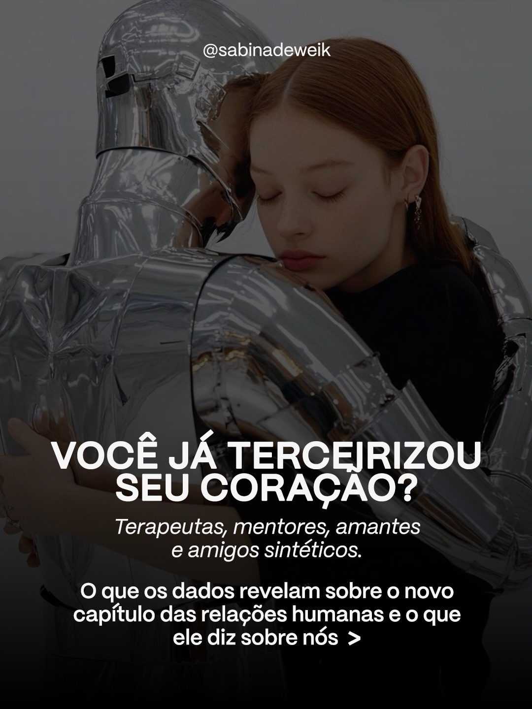Você já terceirizou seu coração? ❤️🩹
Terapeuta, mentor, amante, amigo. A IA já pode ocupar todos esses papéis na vida de milhões de pessoas, e os dados mostram que a moda não é passageira.
Mais de 500 milhões de downloads de apps de companhia por IA, 80% da Gen Z aberta a se casar com uma IA, 700% de crescimento em dois anos.
A IA não criou um vazio emocional. Ela apenas foi a primeira a ocupá-lo com eficiência.
No dia 15/05, sexta feira, das 16:45 - 17:45 no Mercado Livre Arena Pacaembu, Spike Jonze, diretor do filme que antecipou tudo isso em 2013, Her, estará no SP Innovation Week para uma conversa sobre criatividade, tecnologia e o que sobra de humano no meio disso tudo.
Porque a próxima revolução tecnológica é fundamentalmente humana.
Me conta nos comentários: você já usou IA para suporte emocional? 🤖📲
#SabinaDeweik #inteligenciaemocional #inteligenciaartificial