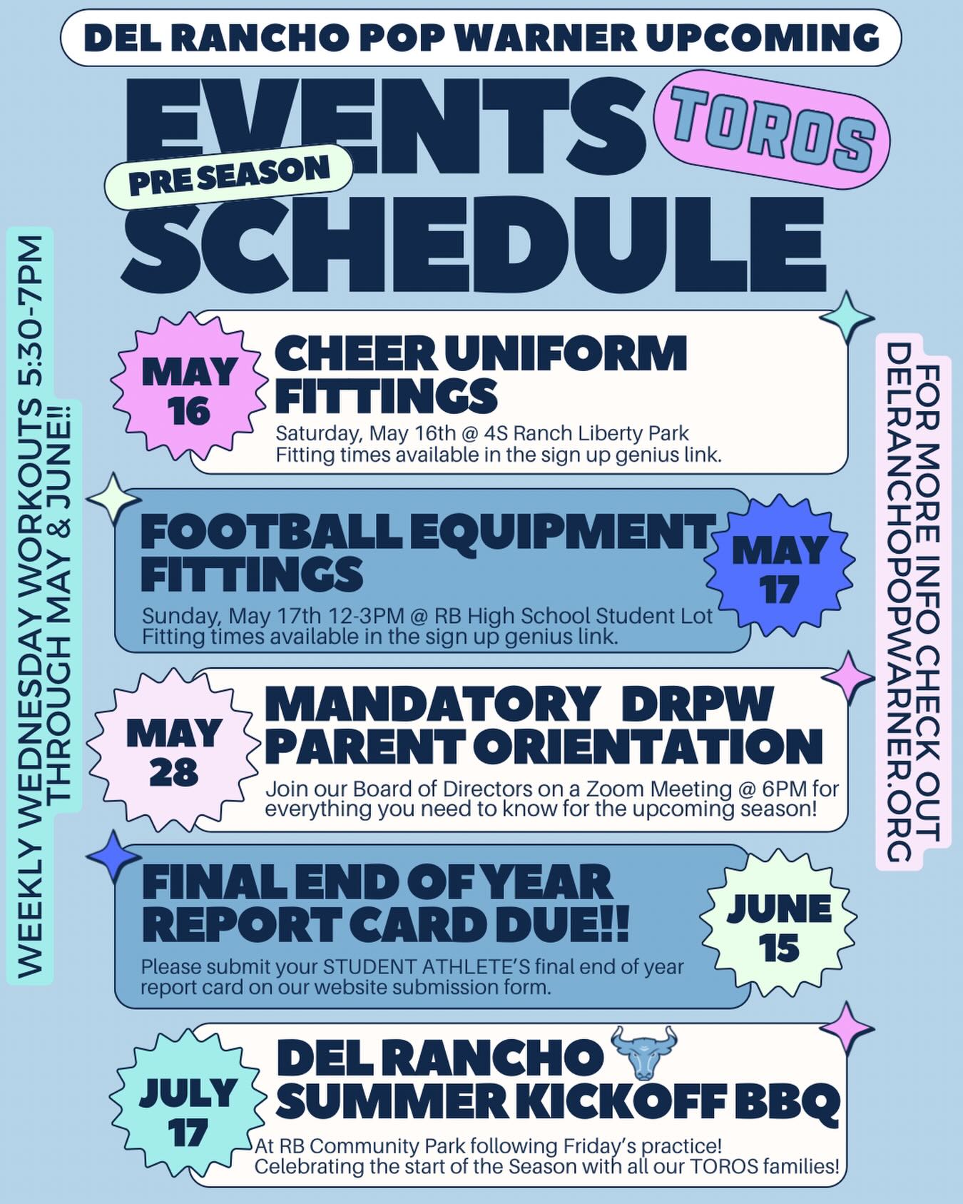 🚨 TORO FAMILIES — IT’S A BIG WEEKEND! 🚨
Starting TOMORROW, we kick off a packed lineup of upcoming events — including 📣Cheer Uniform Fittings on Saturday and 🏈Football Equipment Fittings on Sunday!
Then, plan to hop online for our Mandatory Parent Orientation on MAY 28th! 💻
Make sure to mark your calendars, save the dates, and don’t miss a thing as we gear up for an exciting season ahead! 🩵🤘
#ToroTough #DelRancho #PopWarner #Cheer #YouthFootball ToroFamily SeasonPrep