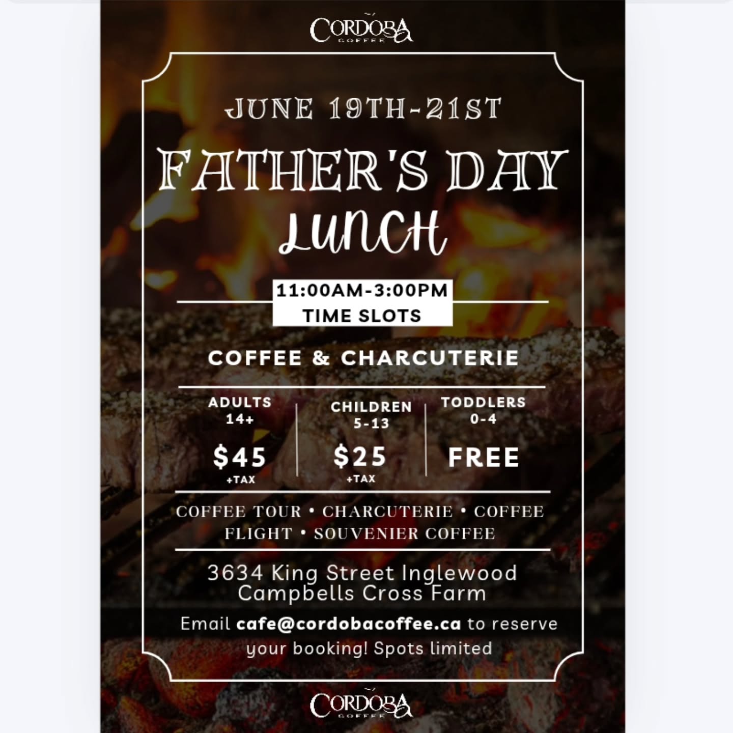 Join us this father's day for a coffee & charcuterie lunch! Tour the factory, enjoy a coffee flight, watch a roasting demonstration and snack on some charcuterie!
Limited spots available. Email cafe@cordobacoffee.ca to book!
#fathersday #supportlocal #coffeelover