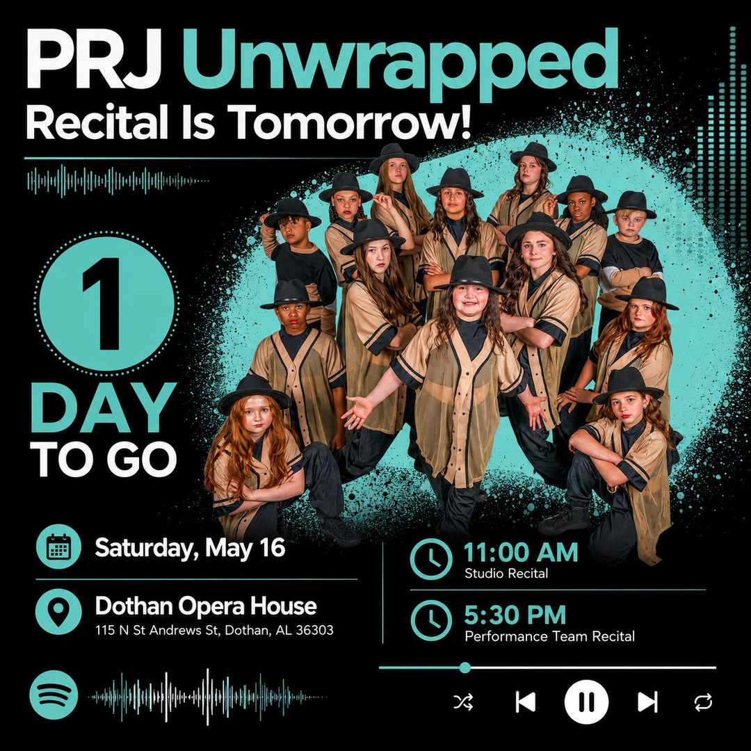 Headland, recital is tomorrow! 🎧
PRJ Unwrapped is officially one day away, and we are so excited to see our dancers take the stage at the Dothan Opera House.
These dancers have practiced, grown, pushed through nerves, learned new things, and worked so hard for this weekend. Now it is time to celebrate them.
PRJ Unwrapped
Saturday, May 16
Dothan Opera House
11:00 AM Studio Recital
Creative Movement, 4-5 Combo, 6-9 Combo, Homeschool Ballet, Intermediate classes, and Advanced classes
Tickets: Click the link in our bio!
5:30 PM Performance Team Recital
Headland Performance Team dancers
Tickets: Click the link in our bio!
Come ready to cheer, clap, and celebrate a beautiful season of dance!