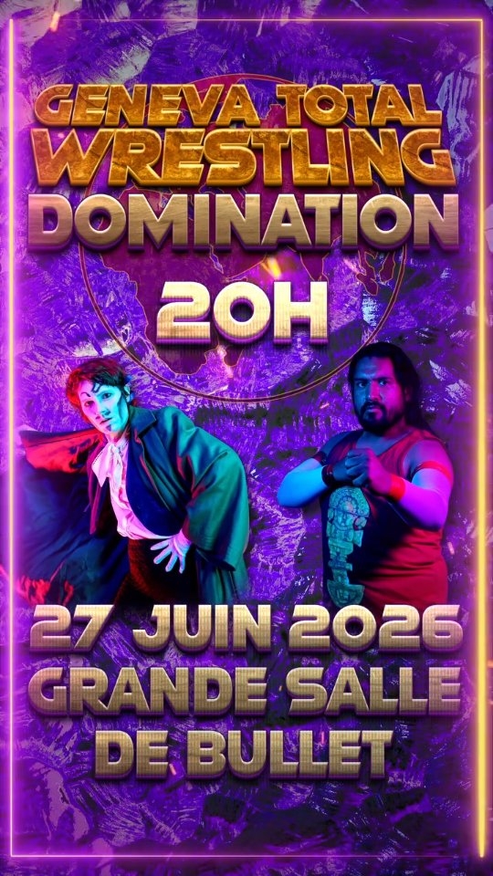 DOMINATION ☠️
@fracasssandre 🗡 sera en action sur le ring de la GTW contre le mentor, le coach, le fondateur @aigleinca 🦅
On vous attend autour des délicieux snacks préparés par notre équipe pour vous donner de la force pour cette incroyable soirée de catch! 💣🔥
☠️ DOMINATION ☠️
📍 Grande salle de Bullet, Vaud
📅 Samedi 27 juin 2026
💥 Initiation gratuite: 17h-18h
🕗 Début du show: 20h
🌭 Buvette et petite restauration sur place
💰 Entrée gratuite