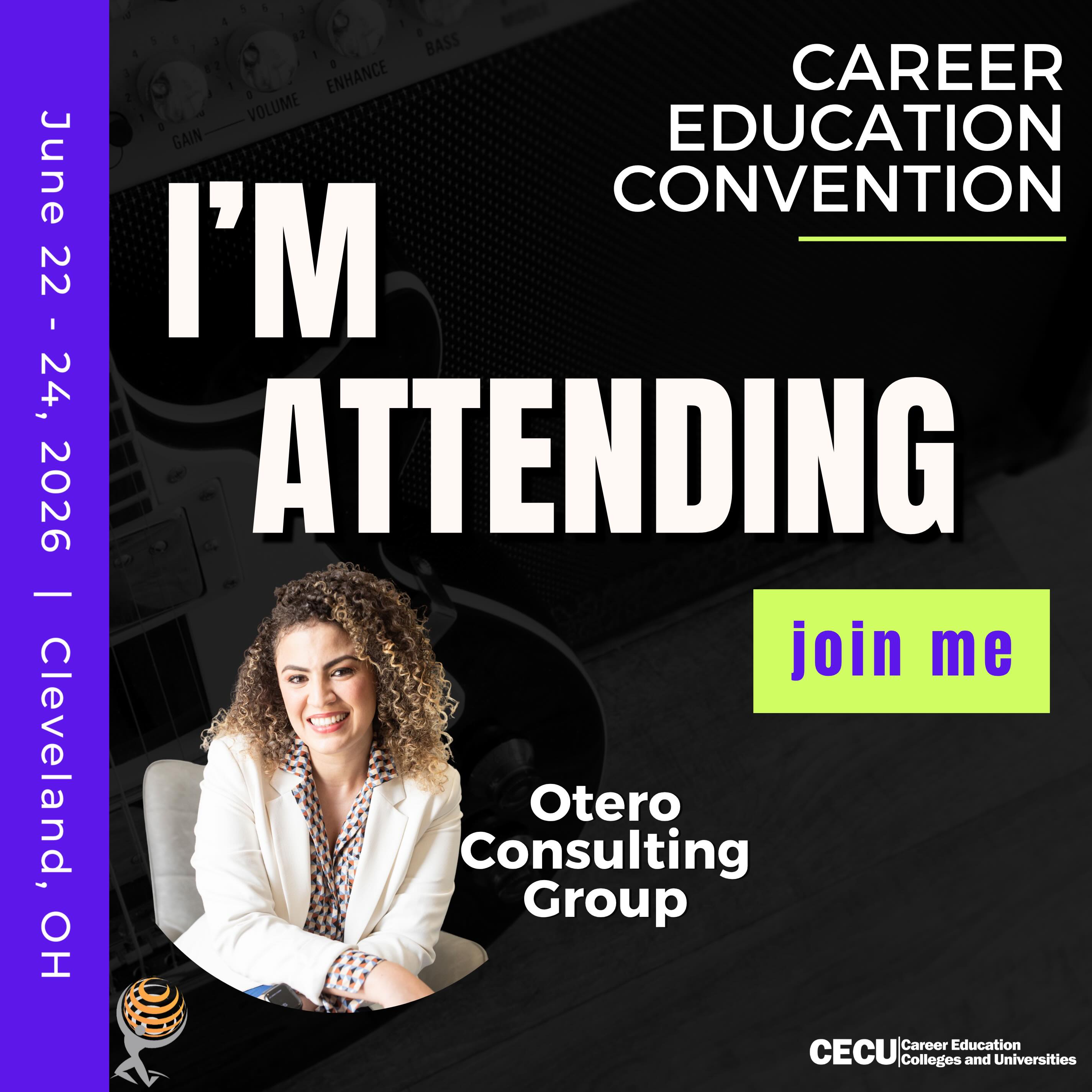 Our VP, Dr. Hajar (Aj) is headed to the CECU Convention in Cleveland, OH š looking forward to meaningful conversations, new perspectives, and connecting with leaders across career education.
Ā
#Ohio #Consulting #Convention #OteroConsultingGroup