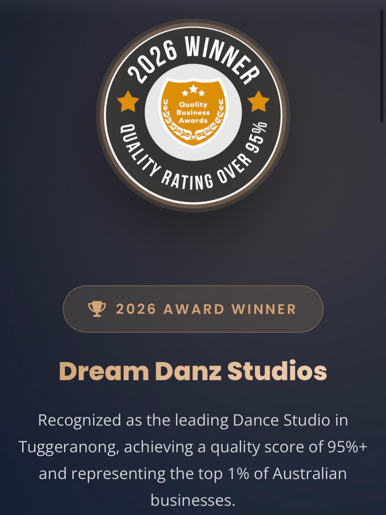 3 years in a row… what an honour! ✨
So proud that Dream Danz Studios has been recognised as a 2026 Quality Business Award Winner. From our little studio family of 95 students, this achievement wouldn’t be possible without our incredible teachers, supportive parents and our beautiful dance community.
Thank you to the Canberra community for believing in my dream, supporting our studio and helping Dream Danz continue to grow year after year. 🩷