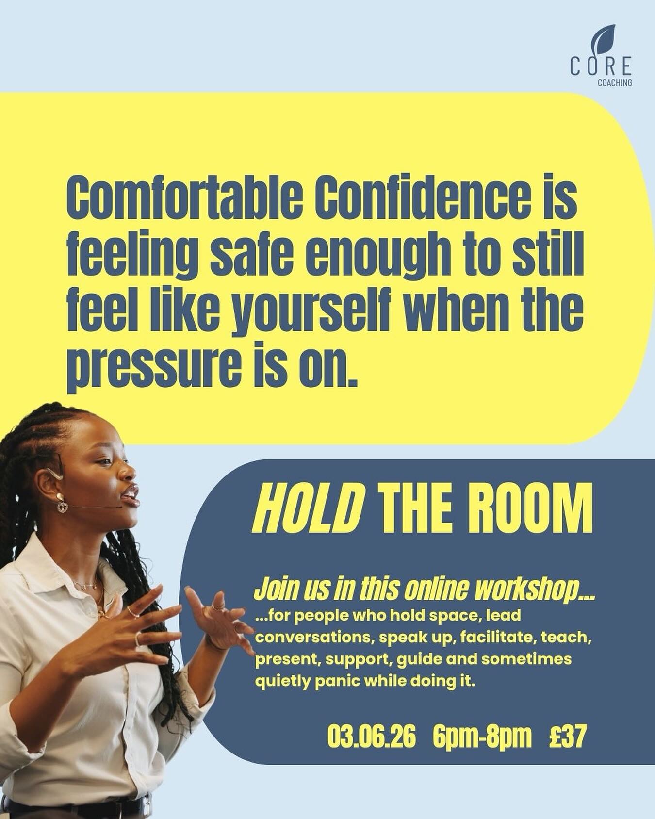 When people are projecting their confidence they are often speaking, leading, presenting, teaching, facilitating, setting boundaries, navigating difficult conversations or simply being visible in front of other people.
And from the outside that can all look pretty straightforward. But internally there could be a racing heart, an inner critic chattering away, pressure to get it right, hyper-awareness of being watched and that strange feeling of suddenly becoming disconnected from yourself in the moment.
Hold the Room is a workshop about feeling more grounded and connected to yourself in those situations where your confidence is outwardly on show. The moments where you are leading the meeting, facilitating the workshop, having the hard conversation, presenting the idea or trying to hold onto your train of thought whilst all eyes are on you.
It’s about taking the emphasis off performance and ‘fake it til you make it’ mentality and onto understanding what happens to you under pressure and learning how to stay connected enough to yourself that your thoughts, voice, personality and presence remain available to you.
We’ll explore nervous system responses, communication, authenticity, body and voice tools and the very human experience of being perceived by other people.
It’s for coaches, facilitators, teachers, leaders, creatives, business owners and honestly anyone who has ever walked away from a situation thinking “why did I stop feeling like myself in there?”
Wednesday 3rd June
6pm–8pm
Online
£37
Link in bio - I’d love you to join us!
#comfortableconfidence #holdtheroom #confidencecoach #authenticconfidence #communicationskills #publicspeaking #facilitation #coaching #leadership #nervoussystem #selftrust #presence #personaldevelopment #embodiedconfidence #womeninbusiness #creativebusiness #confidenceworkshop #onlineworkshop