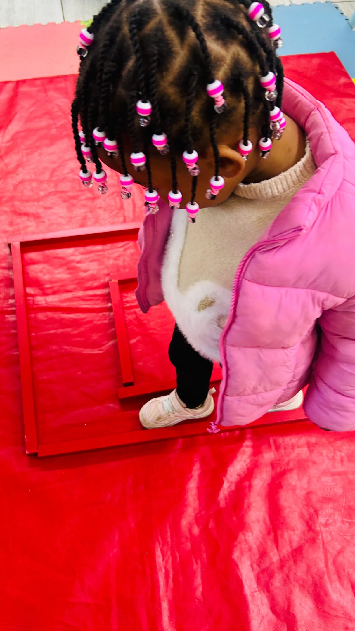 Walking with purpose, balance and concentration with the Montessori red rod maze ✨#montessoripreschool #preschool #playgroup #education #educator