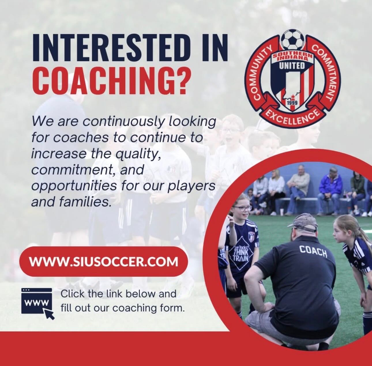 ⚽️ Coach With SIU! ⚽️
is currently looking to add passionate coaches to our club for the upcoming season!
We are seeking positive leaders who want to help develop players, build confidence, and create a fun and competitive environment for young athletes. Whether you have years of coaching experience or simply love the game and mentoring kids, we’d love to hear from you.
Why coach with SIU?
❤️ Supportive club environment
💙 Strong community culture
⚽ Opportunities in both Recreational & Travel programs
🏆 Focus on player development on and off the field
If you’re interested in making an impact and being part of a growing club community, apply today!
Link in bio!