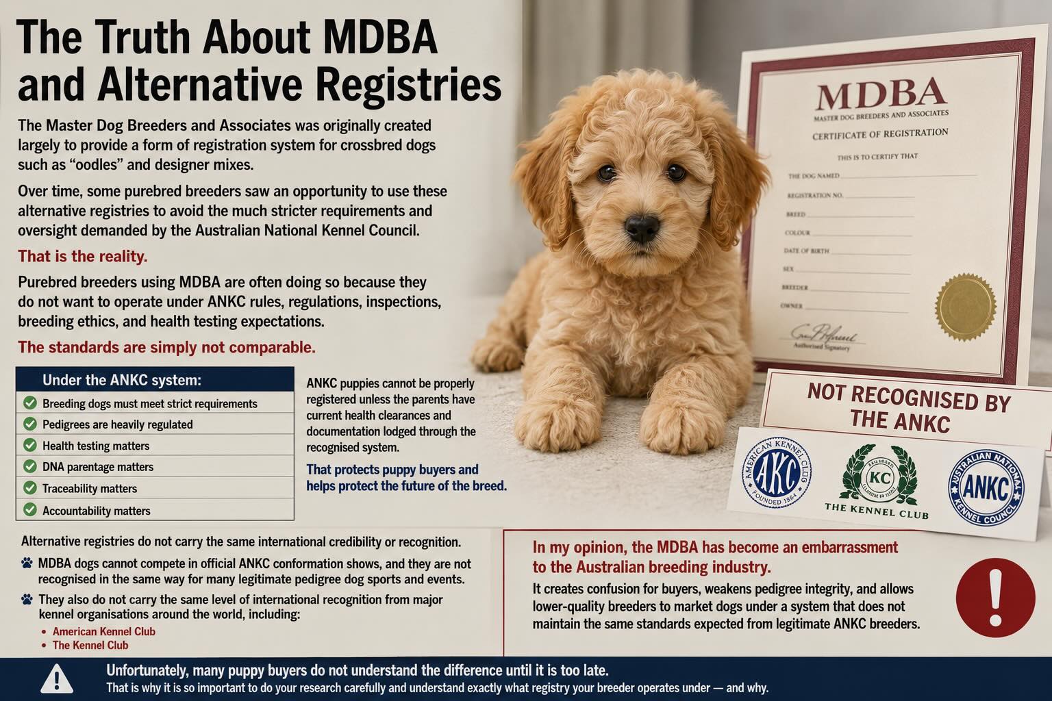 The Truth About “MDBA” and Alternative Registries 🐾🐾
This is where a lot of confusion starts for puppy buyers.
The Master Dog Breeders and Associates was originally created largely to provide a form of registration system for crossbred dogs such as “oodles” and designer mixes.
Over time, some unregistered purebred breeders saw an opportunity to use these alternative registries to avoid the much stricter requirements and oversight demanded by the Australian National Kennel Council.
That is the reality!
Purebred breeders using MDBA are often doing so because they do not want to operate under ANKC rules, regulations, inspections, breeding ethics, and health testing expectations.
The standards are simply not comparable.
Under the ANKC system:
- Breeding dogs must meet strict requirements
- Pedigrees are heavily regulated
- Health testing matters (This is the big one!)
- DNA parentage matters
- Traceability matters
- Accountability matters
ANKC puppies can NOT be registered unless the parents have current health clearances and documentation lodged through the recognised system and the puppies have been DNA parent tested.
That protects puppy buyers and helps protect the future of the breed.
Alternative registries do not do this and do not carry the same international credibility or recognition.
MDBA dogs cannot compete in official ANKC conformation shows, and they are not recognised in the same way for many legitimate pedigree dog sports and events.
They also do not carry the same level of international recognition from major kennel organisations around the world, including:
- American Kennel Club
- The Kennel Club
In my opinion, the MDBA has become an embarrassment to the Australian breeding industry.
It creates confusion for buyers, weakens pedigree integrity, and allows lower-quality breeders to market dogs under a system that does not maintain the same standards expected from legitimate ANKC breeders.
Unfortunately, many puppy buyers do not understand the difference until it is too late.
That is why it is so important to do your research carefully and understand exactly what registry your breeder operates under — and why.