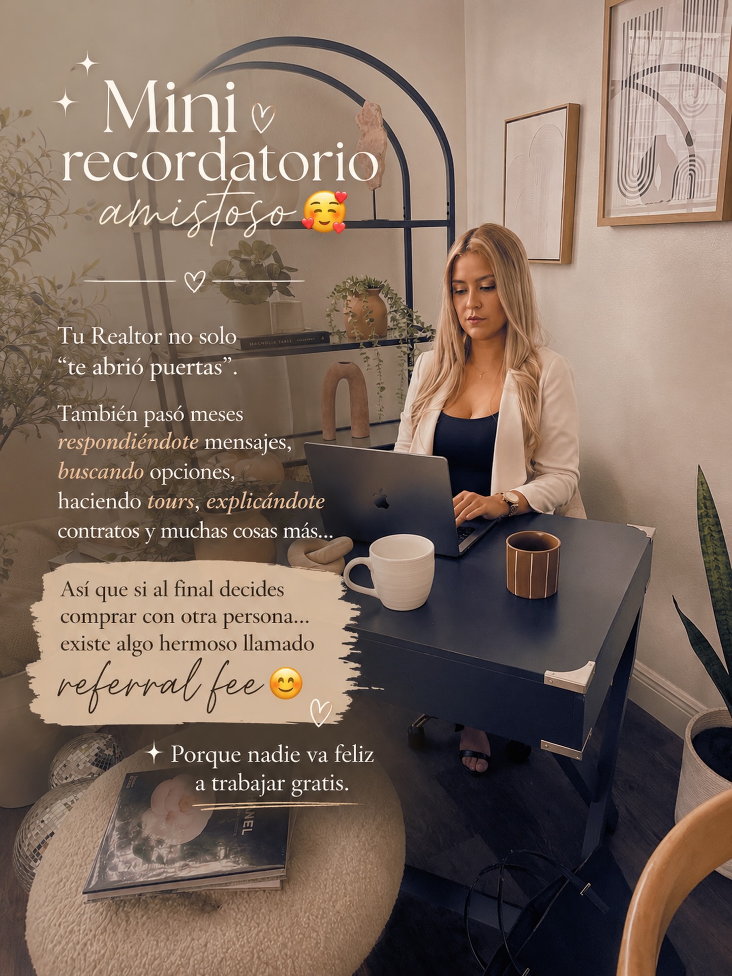 Irรญas a trabajar gratis? ๐ค
Muchas personas todavรญa no saben que en Real Estate no recibimos un sueldo por mostrar casas, hacer tours, responder mensajes, manejar de propiedad en propiedad o pasar meses buscando opciones.
A nosotros solo nos pagan si el negocio cierra. โจ
Asรญ que detrรกs de cada โsolo me abriรณ la puertaโ tambiรฉn hubo tiempo, gasolina, trabajo, paciencia y muchรญsimas horas que nadie ve.
Y si al final decides comprar con otra persona, existe algo muy vรกlido y profesional llamado referral fee ๐
Porque valorar el trabajo de alguien tambiรฉn habla bonito de uno. โจ
#realestate #talkrealestatetome