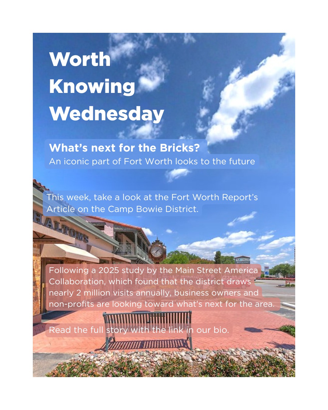 This week, we are recommending an article by @fortworthreport. Check out what could be coming for the Camp Bowie District with the link below or in our bio!
https://fortworthreport.org/2026/05/10/camp-bowie-district-looks-to-pave-the-way-forward-for-historic-fort-worth-area/